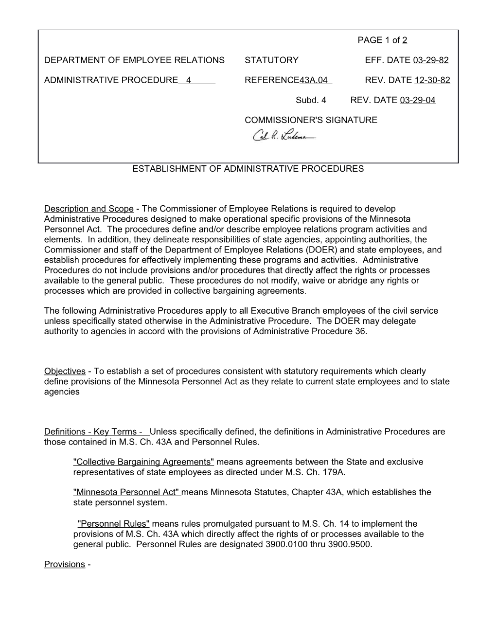 Establishment of Administrative Procedures