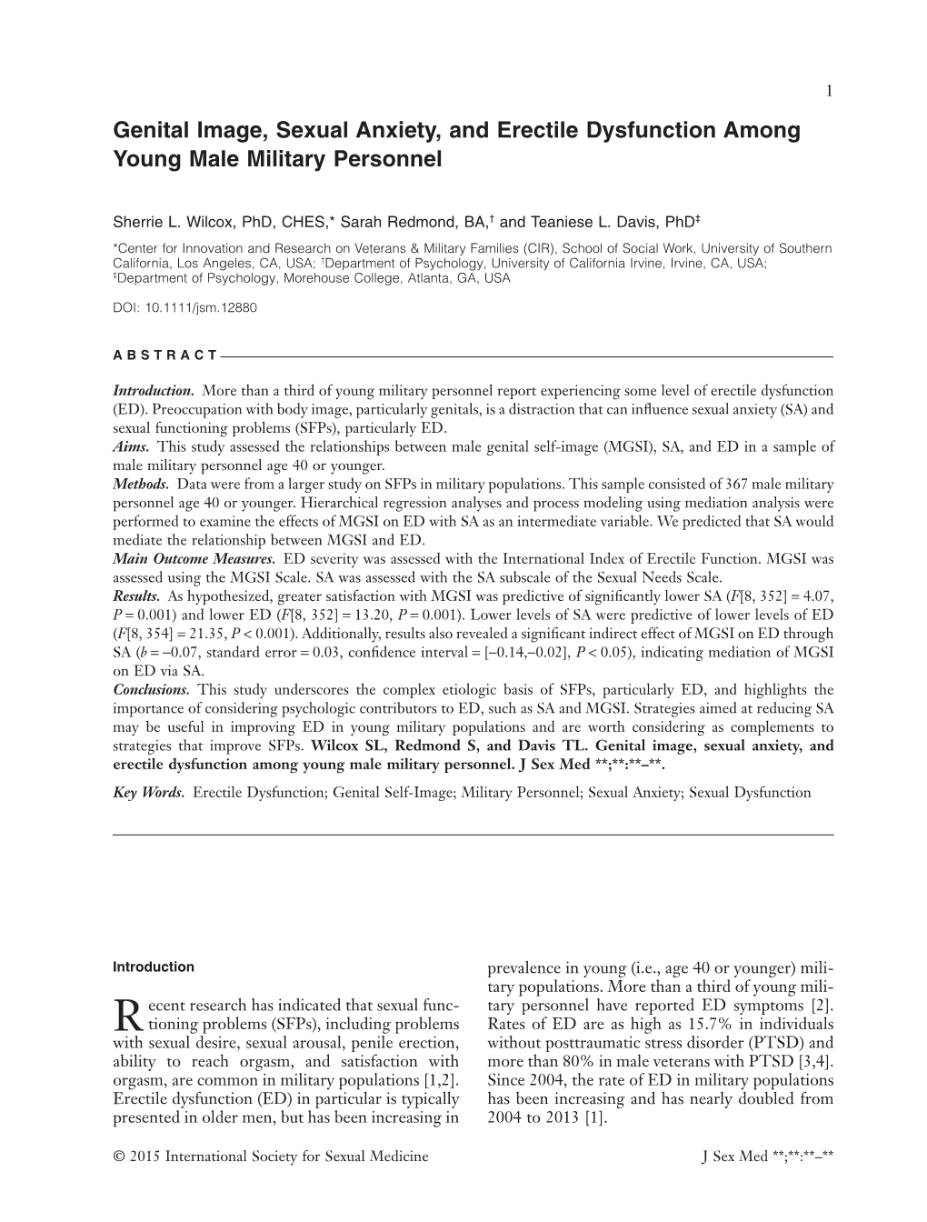 Genital Image, Sexual Anxiety, and Erectile Dysfunction Among Young Male Military Personnel