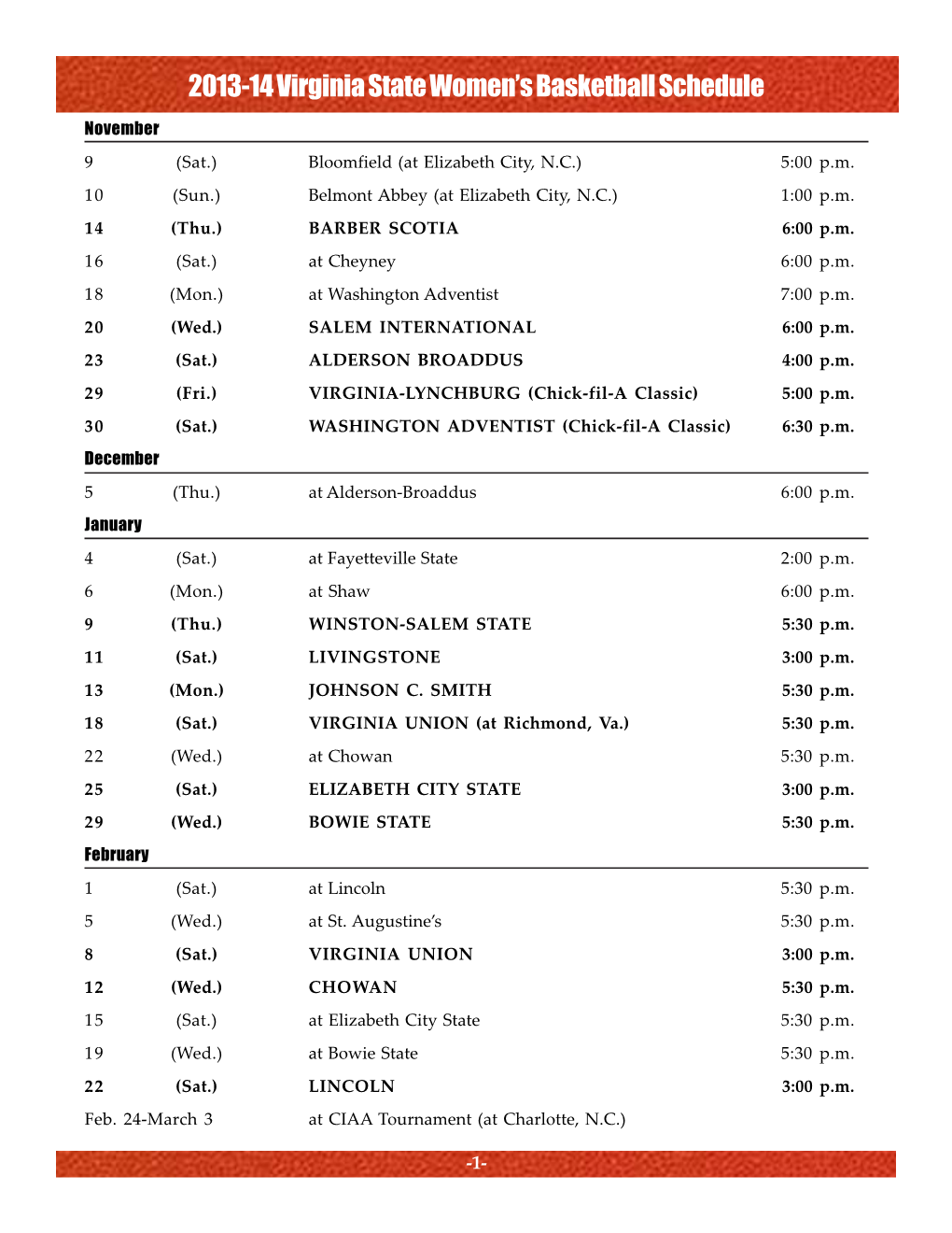 2013-14 Virginia State Women's Basketball Schedule