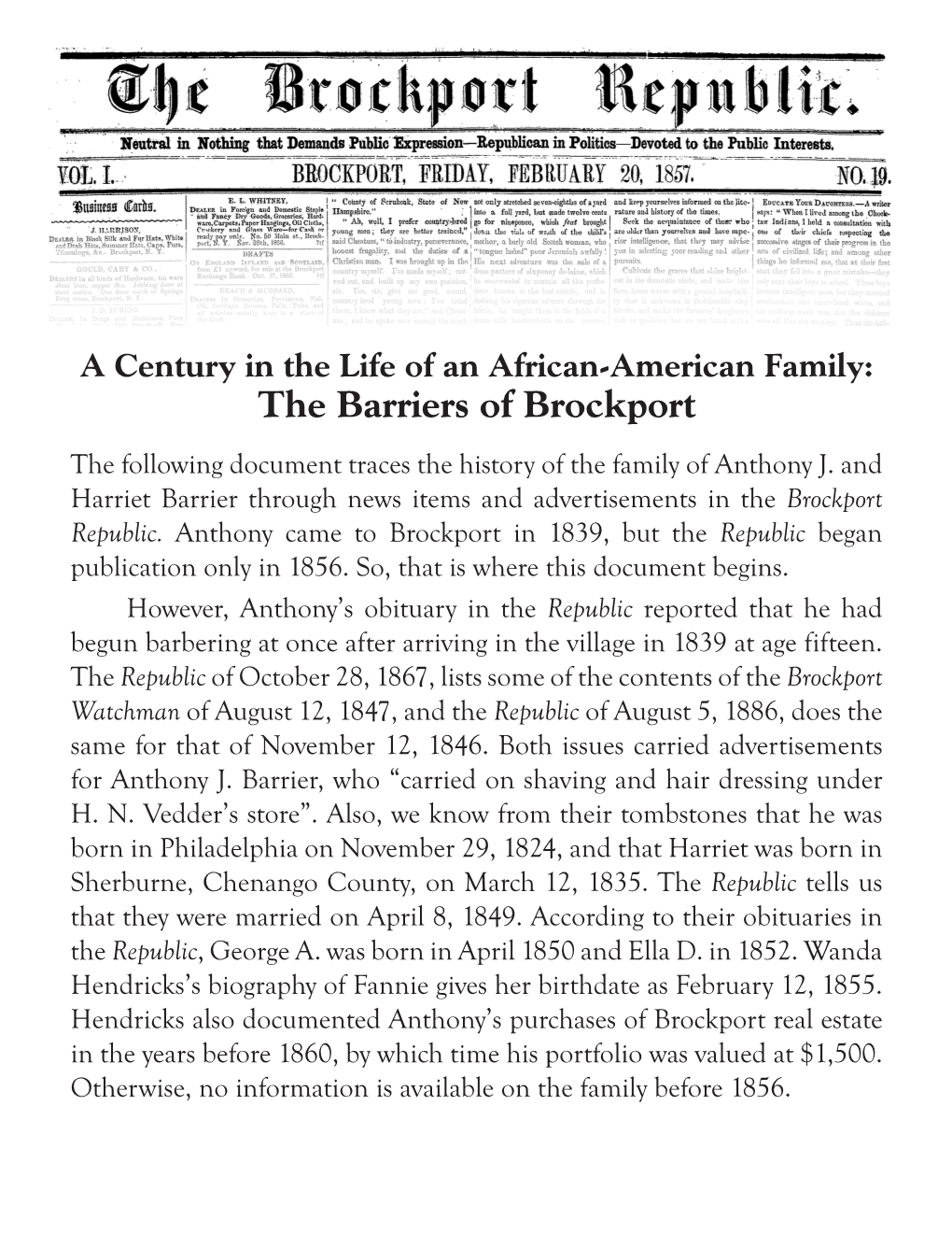 The Barriers of Brockport the Following Document Traces the History of the Family of Anthony J