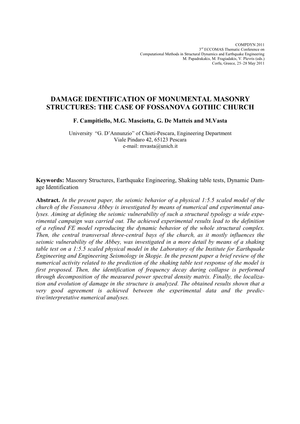ECCOMAS Thematic Conference on Computational Methods in Structural Dynamics and Earthquake Engineering M