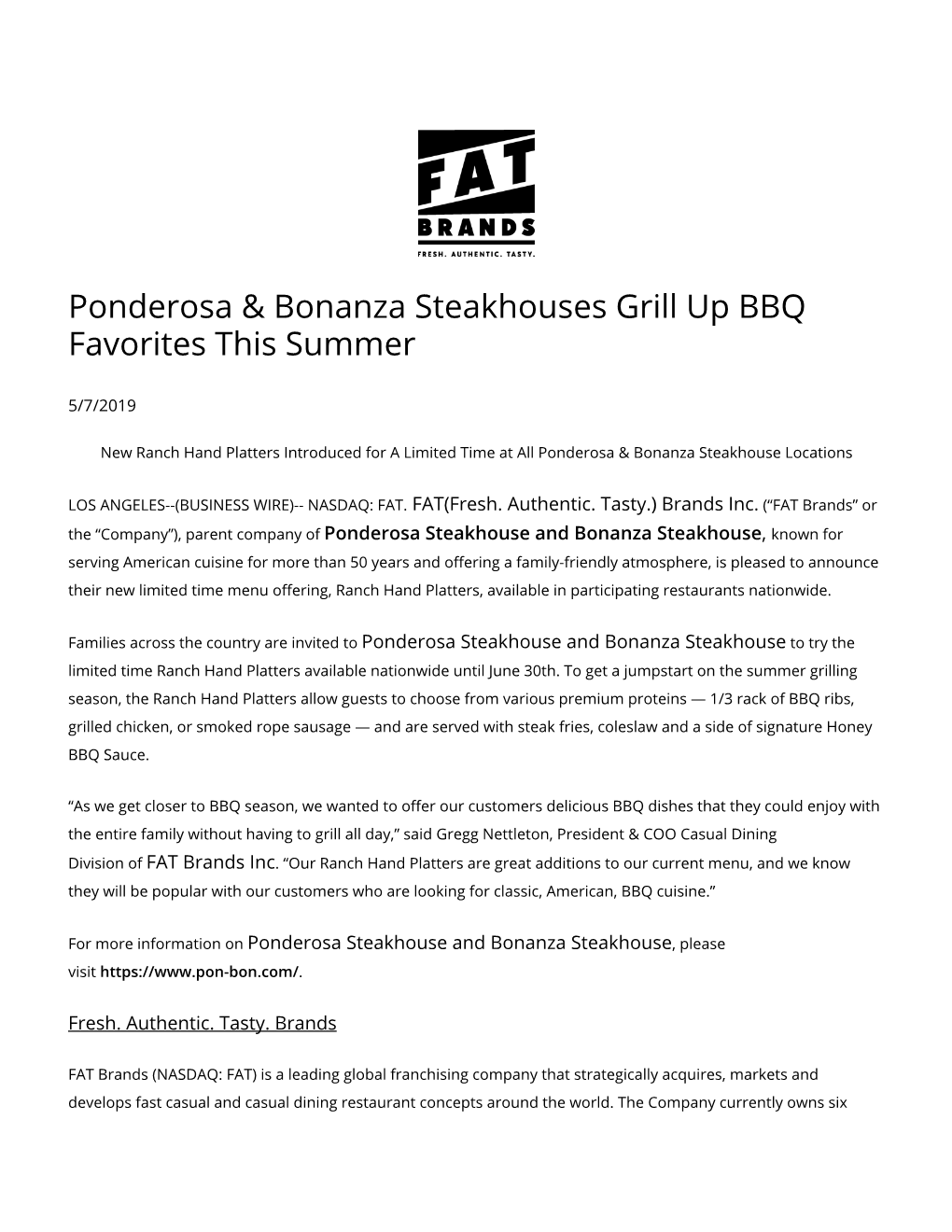 Ponderosa & Bonanza Steakhouses Grill up BBQ Favorites This Summer