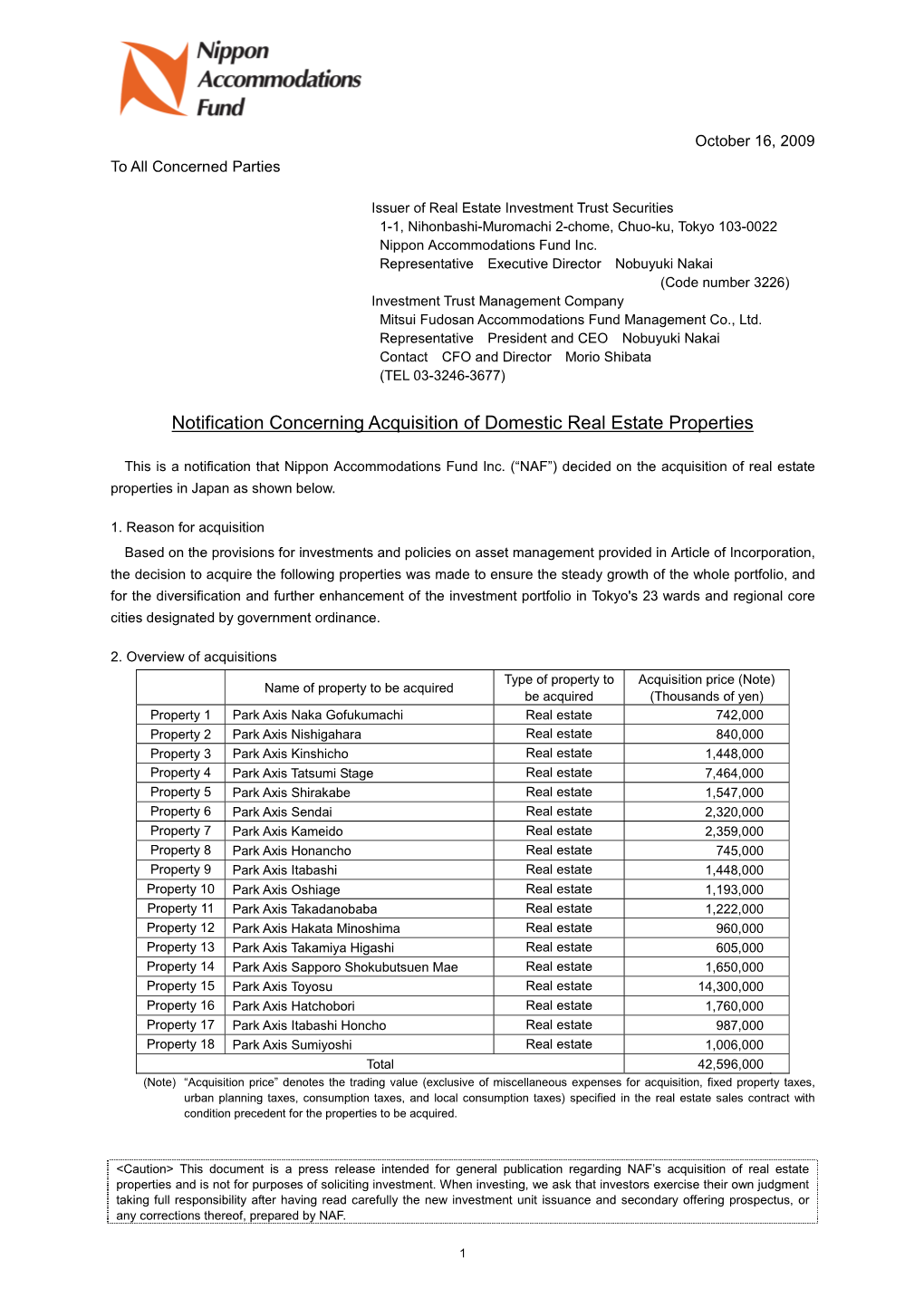 Notification Concerning Acquisition of Domestic Real Estate Properties