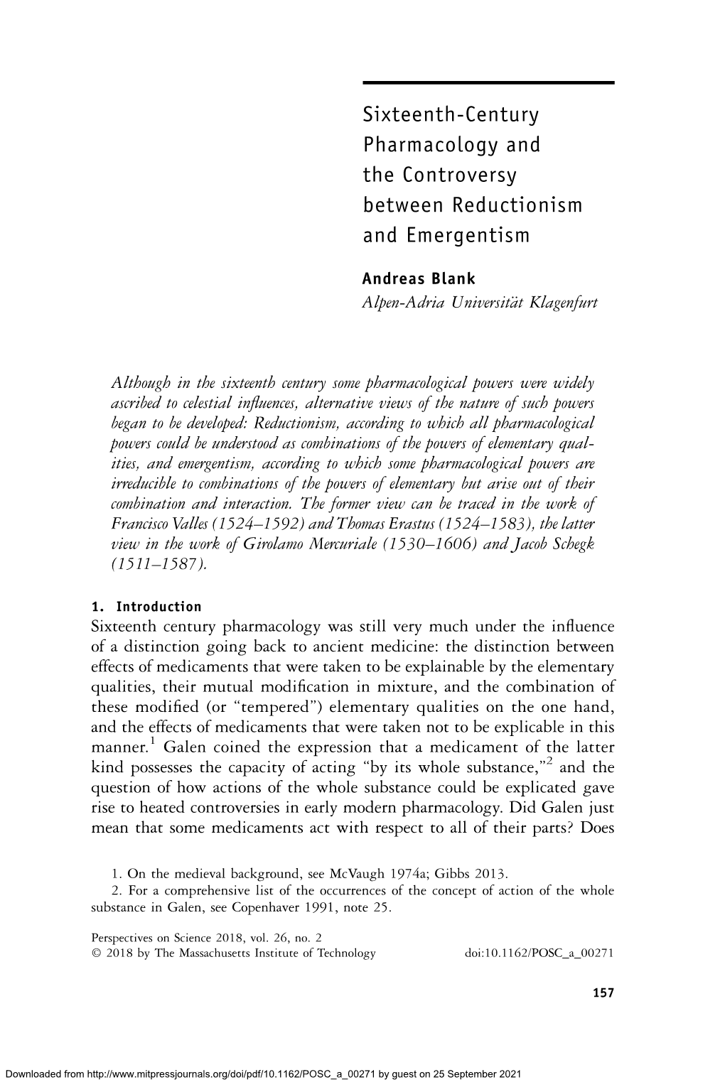 Sixteenth-Century Pharmacology and the Controversy Between Reductionism and Emergentism