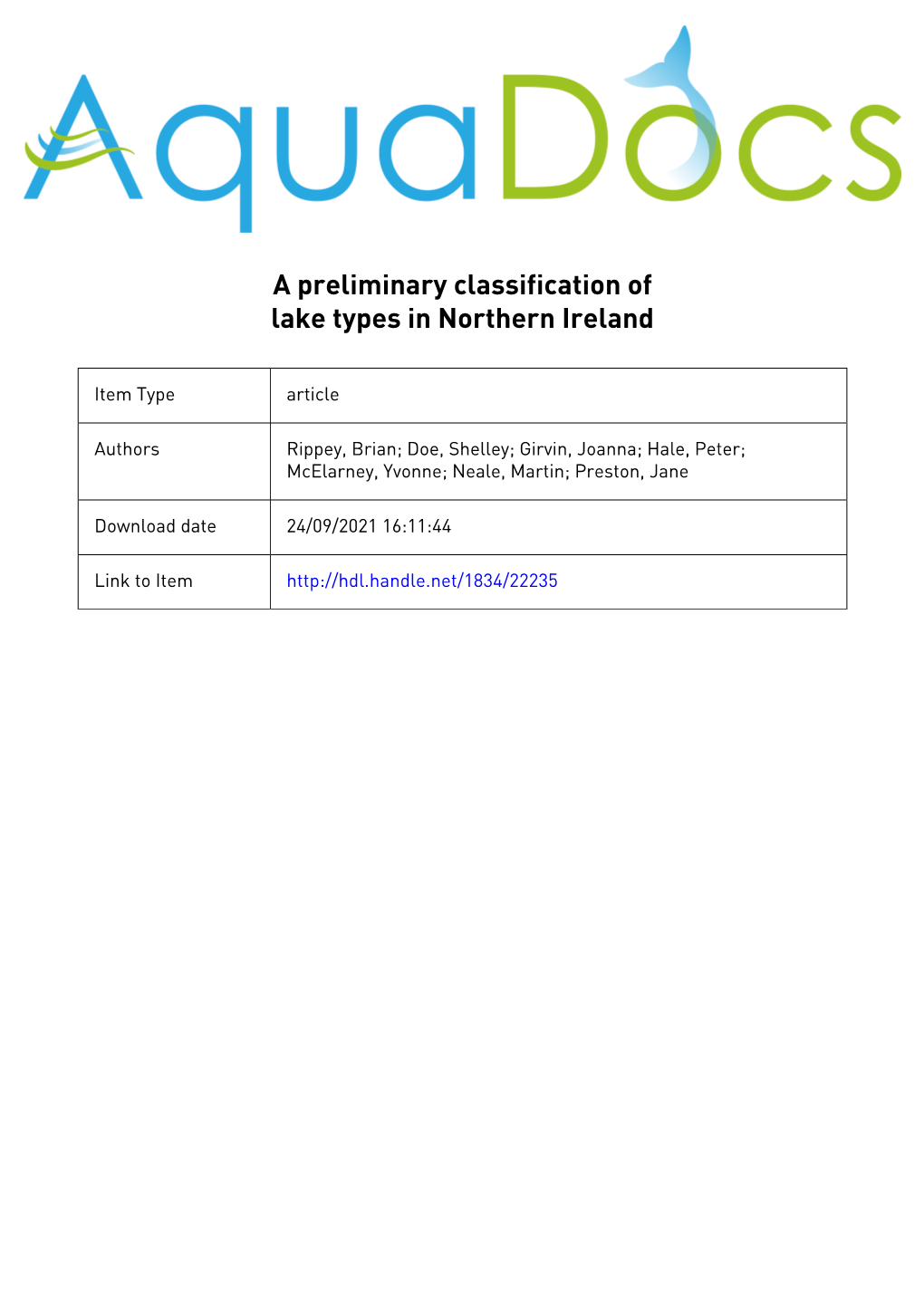 A Preliminary Classification of Lake Types in Northern Ireland