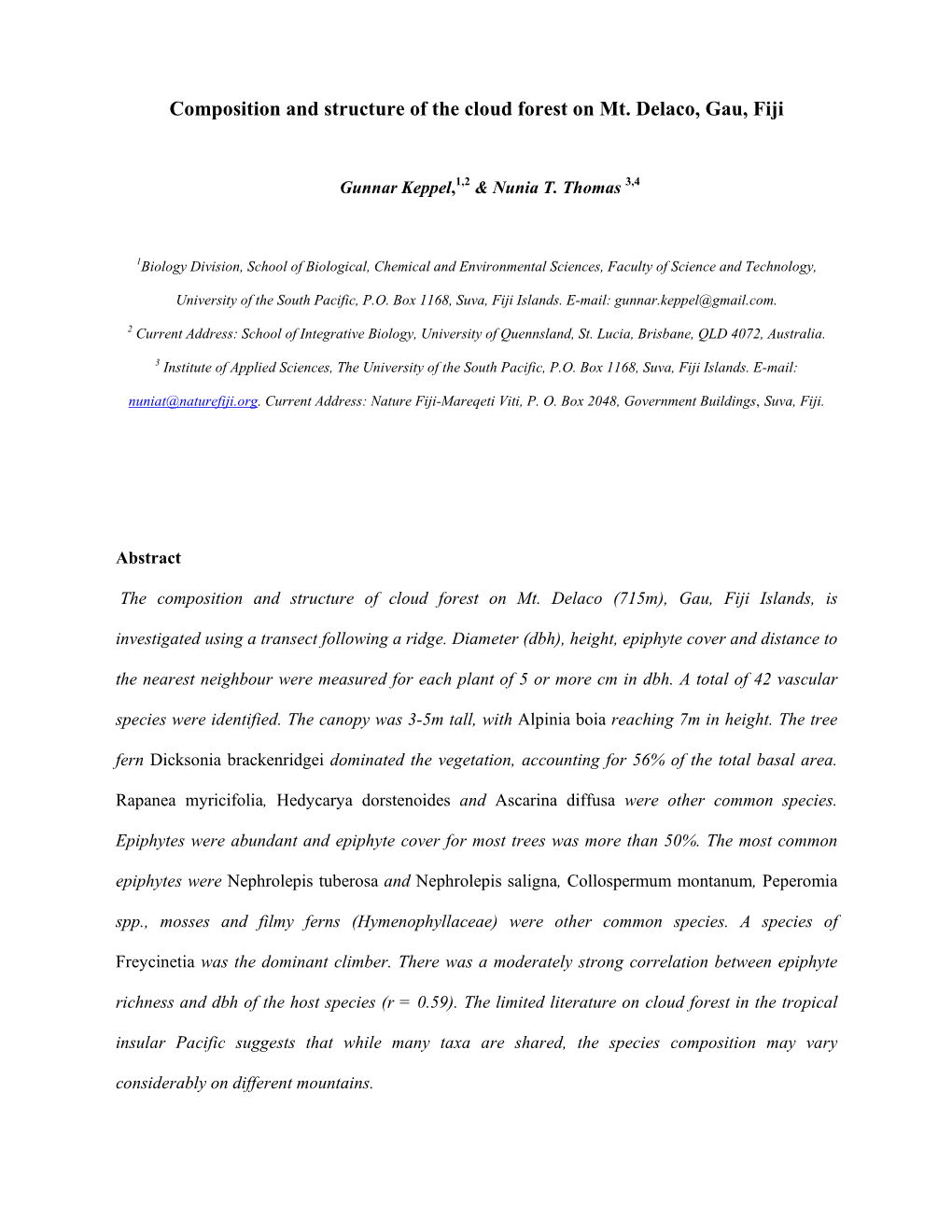 Composition and Structure of the Cloud Forest on Mt. Delaco, Gau, Fiji