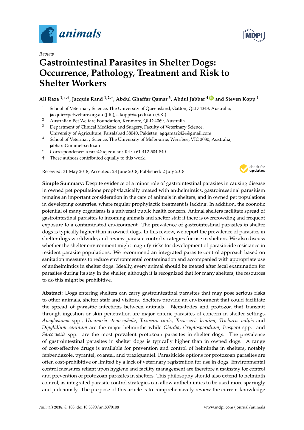 Gastrointestinal Parasites in Shelter Dogs: Occurrence, Pathology, Treatment and Risk to Shelter Workers