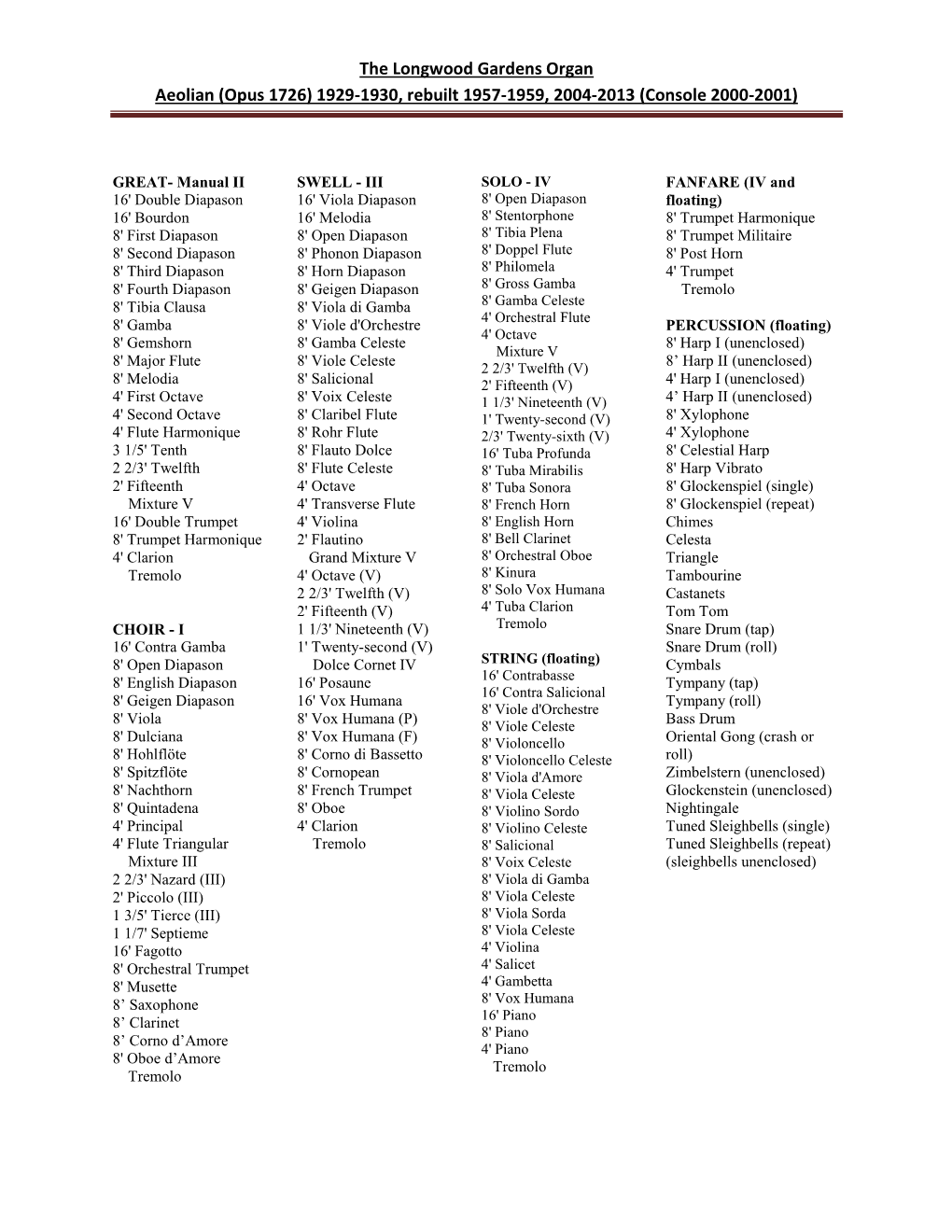 The Longwood Gardens Organ Aeolian (Opus 1726) 1929-1930, Rebuilt 1957-1959, 2004-2013 (Console 2000-2001)