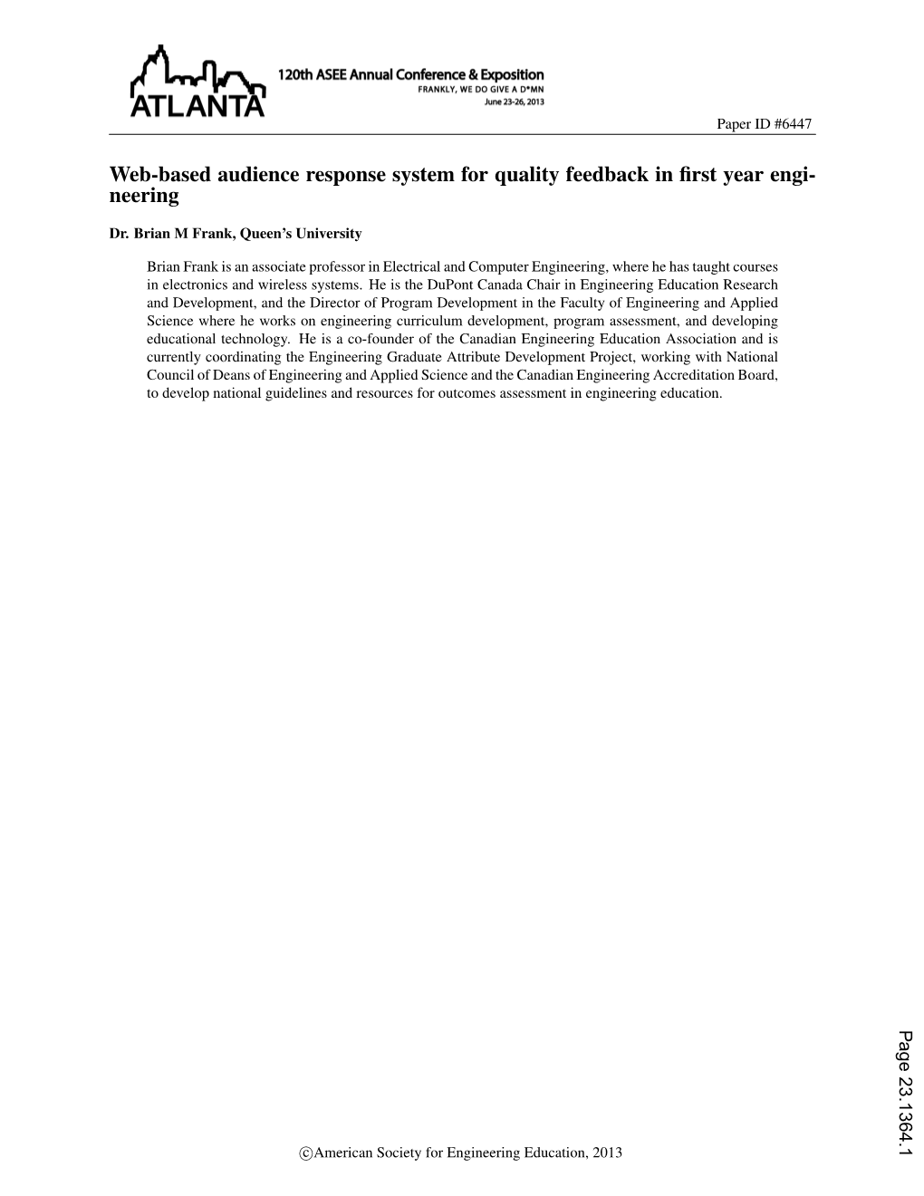 Web-Based Audience Response System for Quality Feedback in First Year Engineering