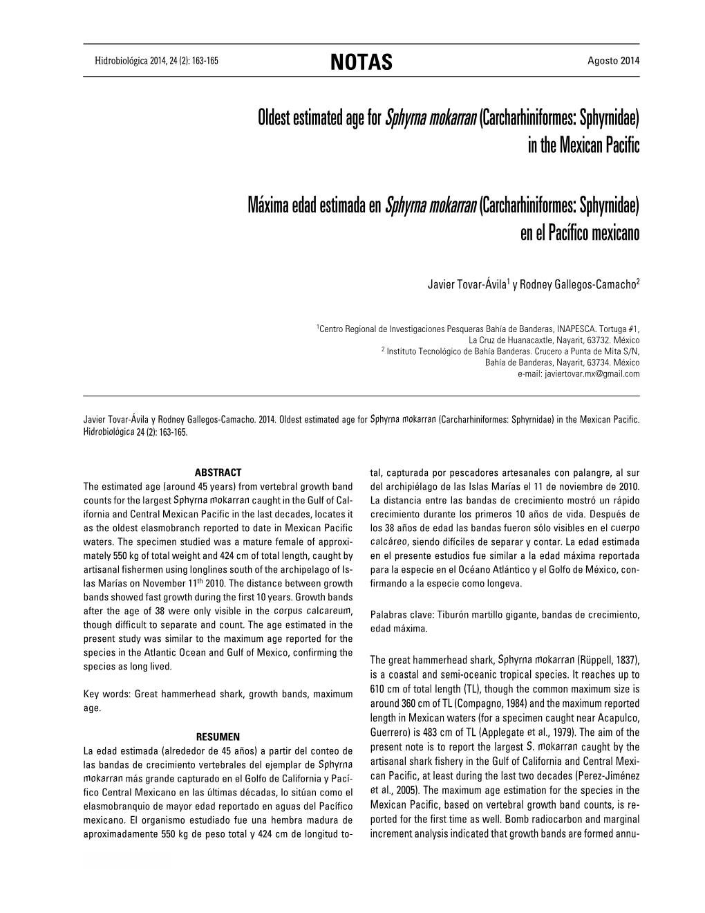 Oldest Estimated Age for Sphyrna Mokarran (Carcharhiniformes: Sphyrnidae) in the Mexican Pacific