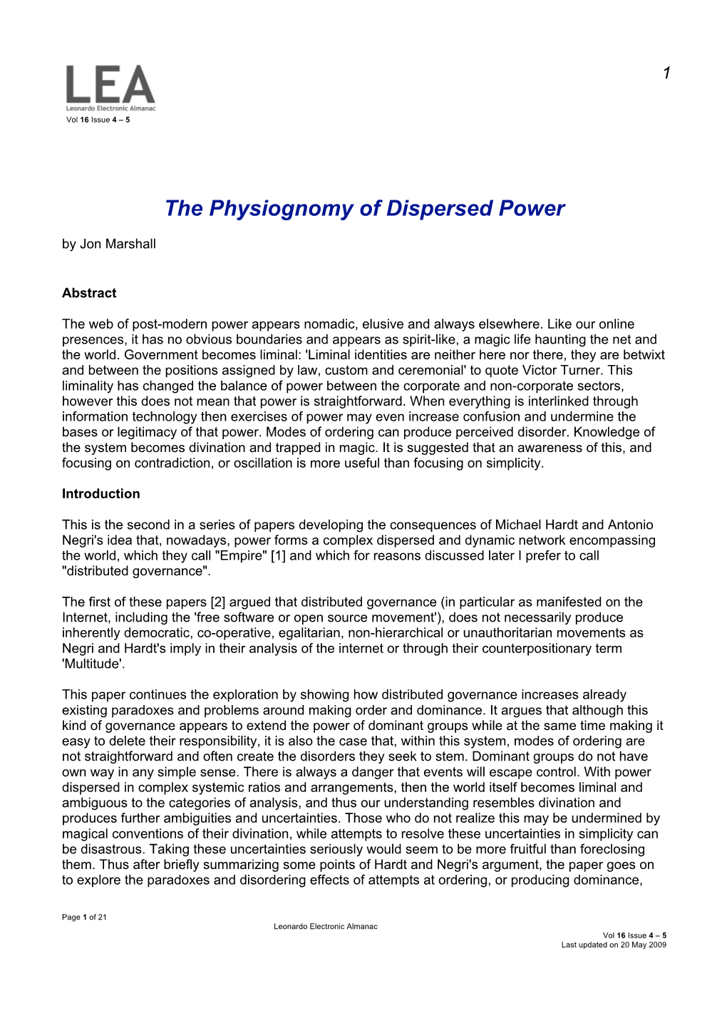 The Physiognomy of Dispersed Power by Jon Marshall