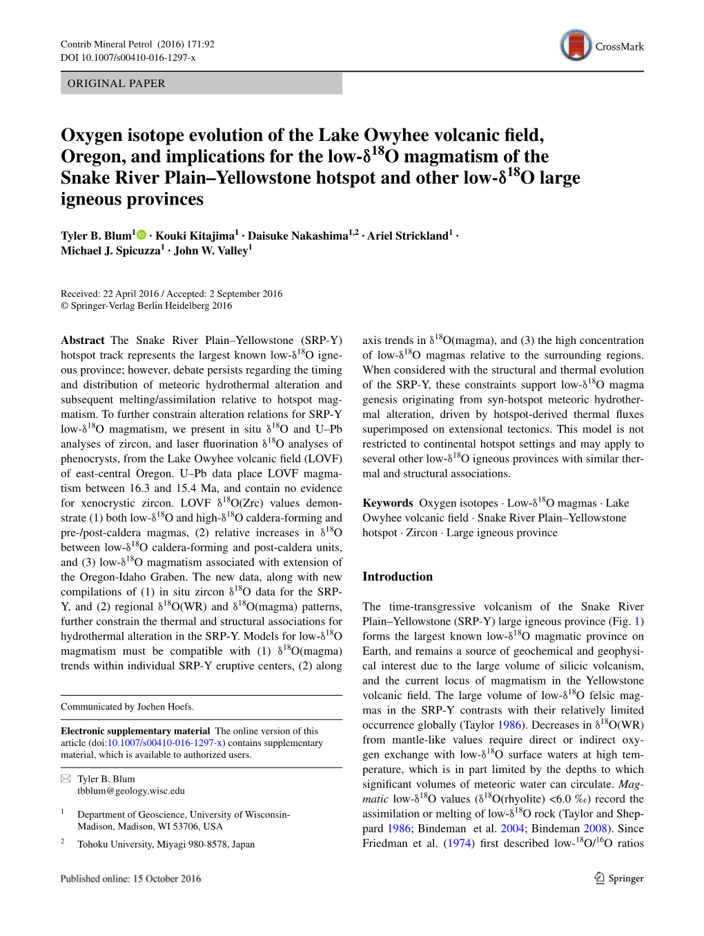 Oxygen Isotope Evolution of the Lake Owyhee Volcanic Field, Oregon, And