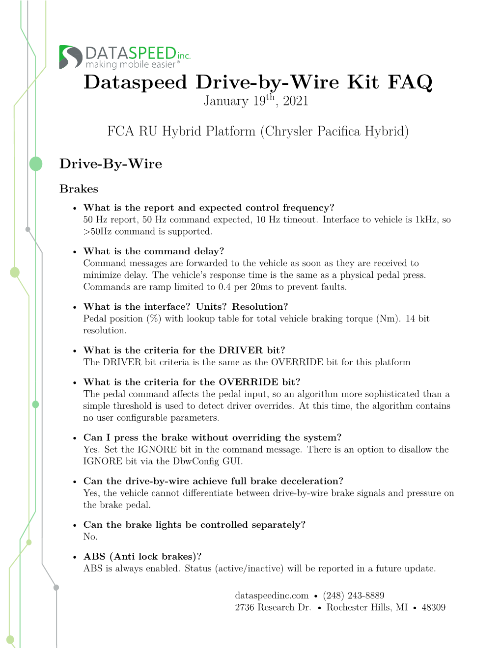 Chrysler Pacifica Technical Sheet