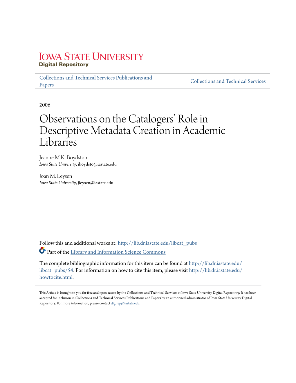 Observations on the Catalogers' Role in Descriptive Metadata Creation In