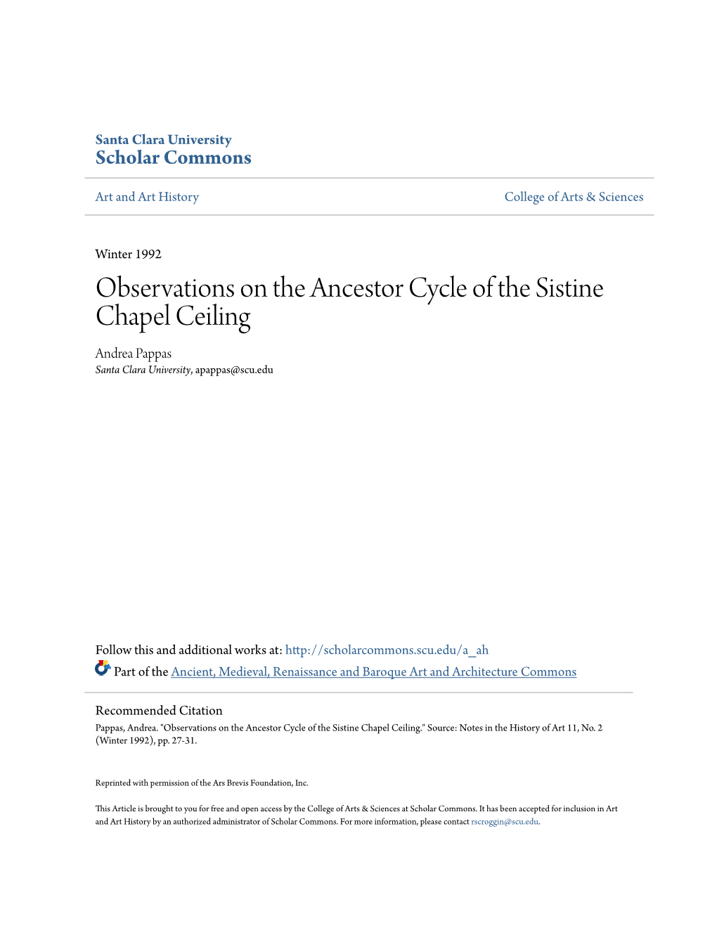 Observations on the Ancestor Cycle of the Sistine Chapel Ceiling Andrea Pappas Santa Clara University, Apappas@Scu.Edu