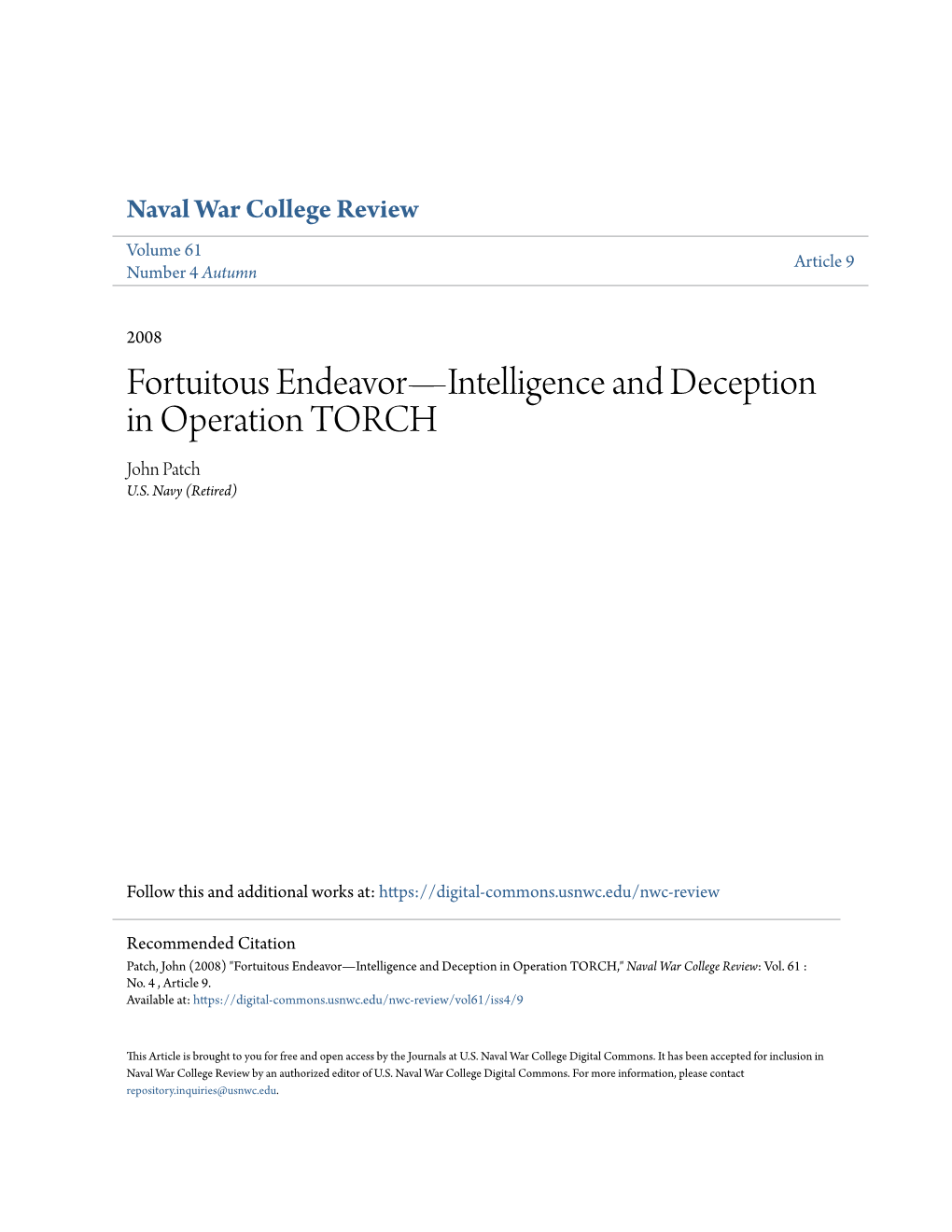 Fortuitous Endeavor—Intelligence and Deception in Operation TORCH John Patch U.S