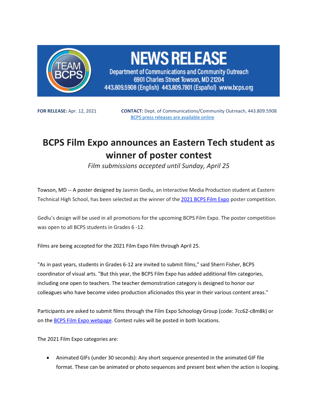 BCPS Film Expo Announces an Eastern Tech Student As Winner of Poster Contest Film Submissions Accepted Until Sunday, April 25