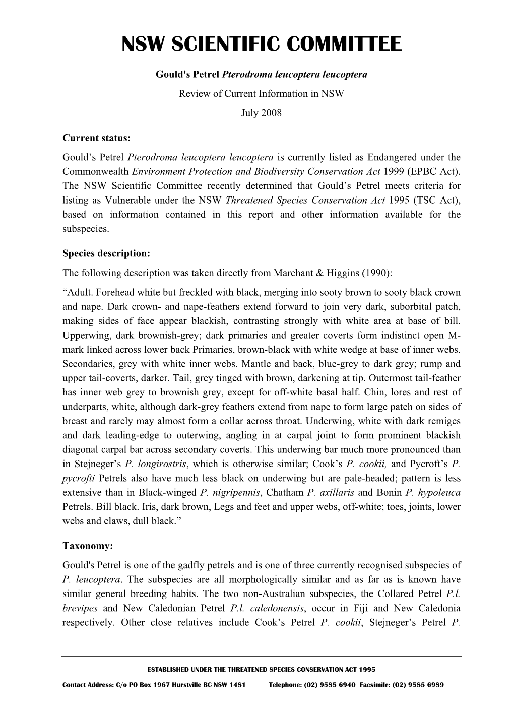 Gould's Petrel Pterodroma Leucoptera Leucoptera Review of Current Information in NSW July 2008