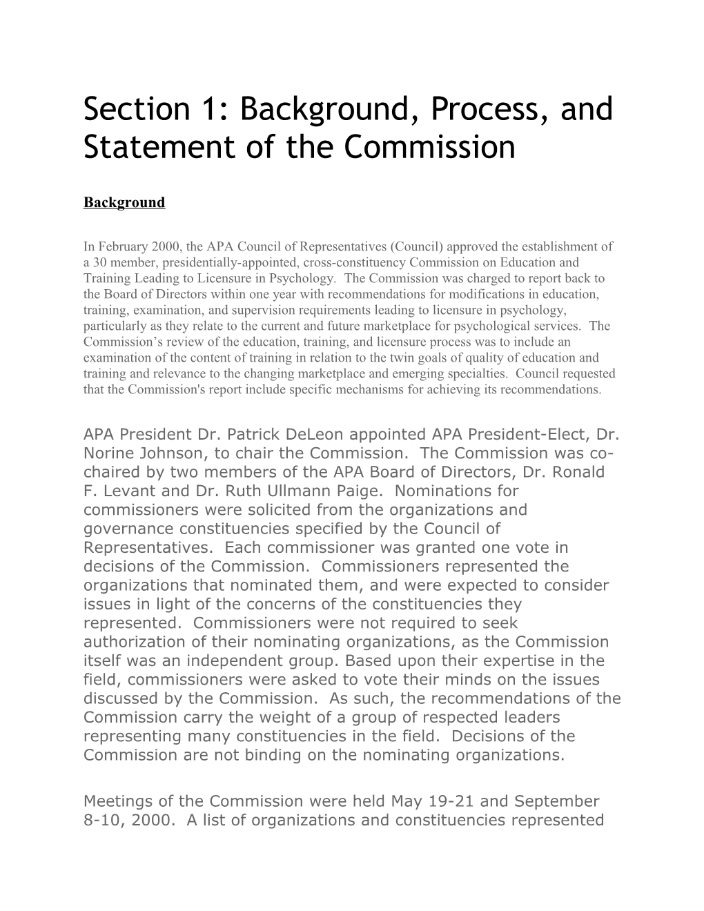 Section 1: Background, Process, and Statement of the Commission