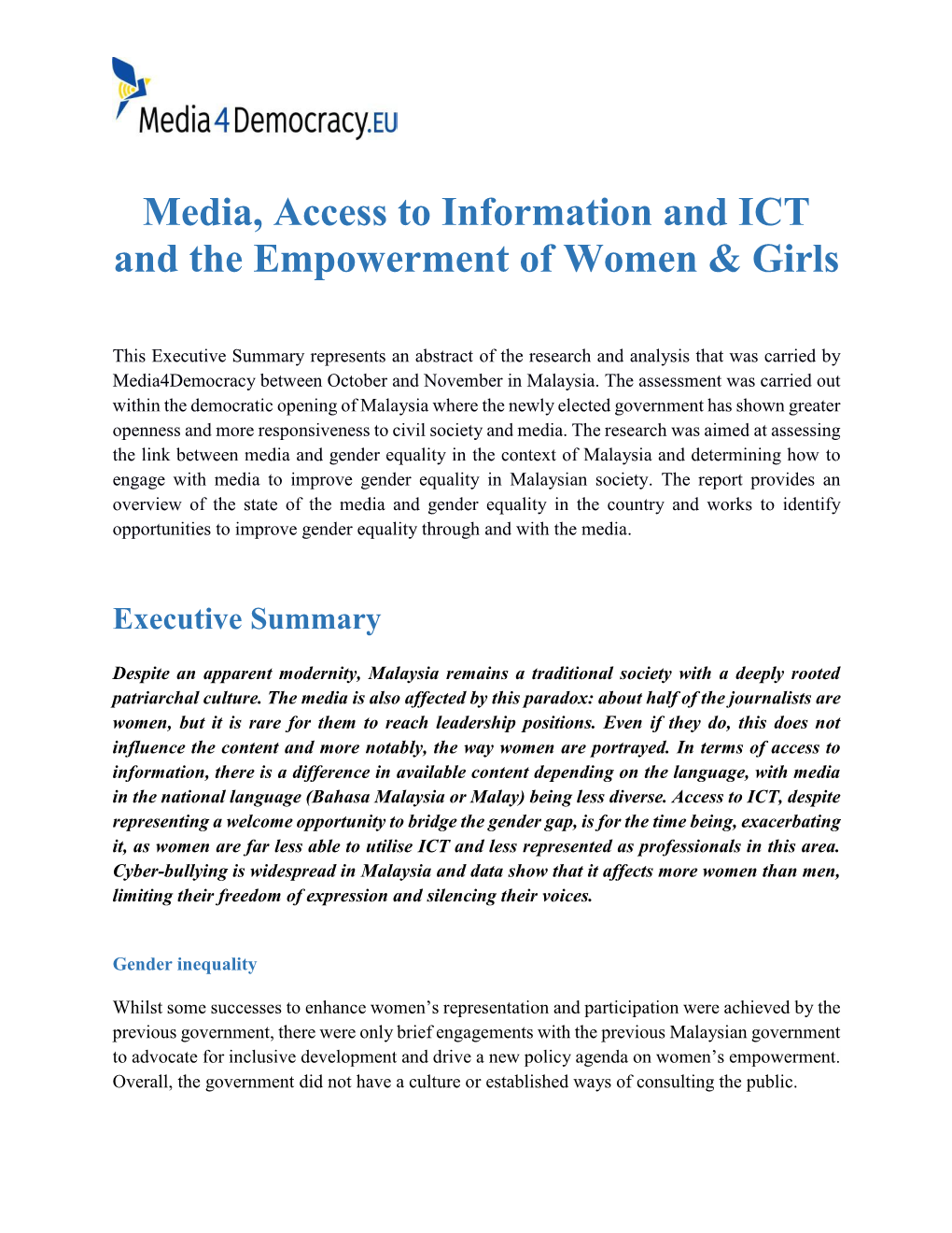 Media, Access to Information and ICT and the Empowerment of Women & Girls