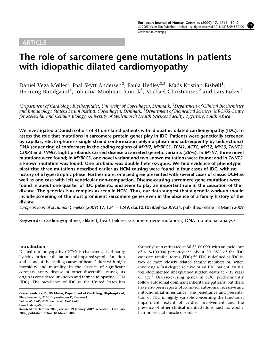 The Role of Sarcomere Gene Mutations in Patients with Idiopathic Dilated Cardiomyopathy