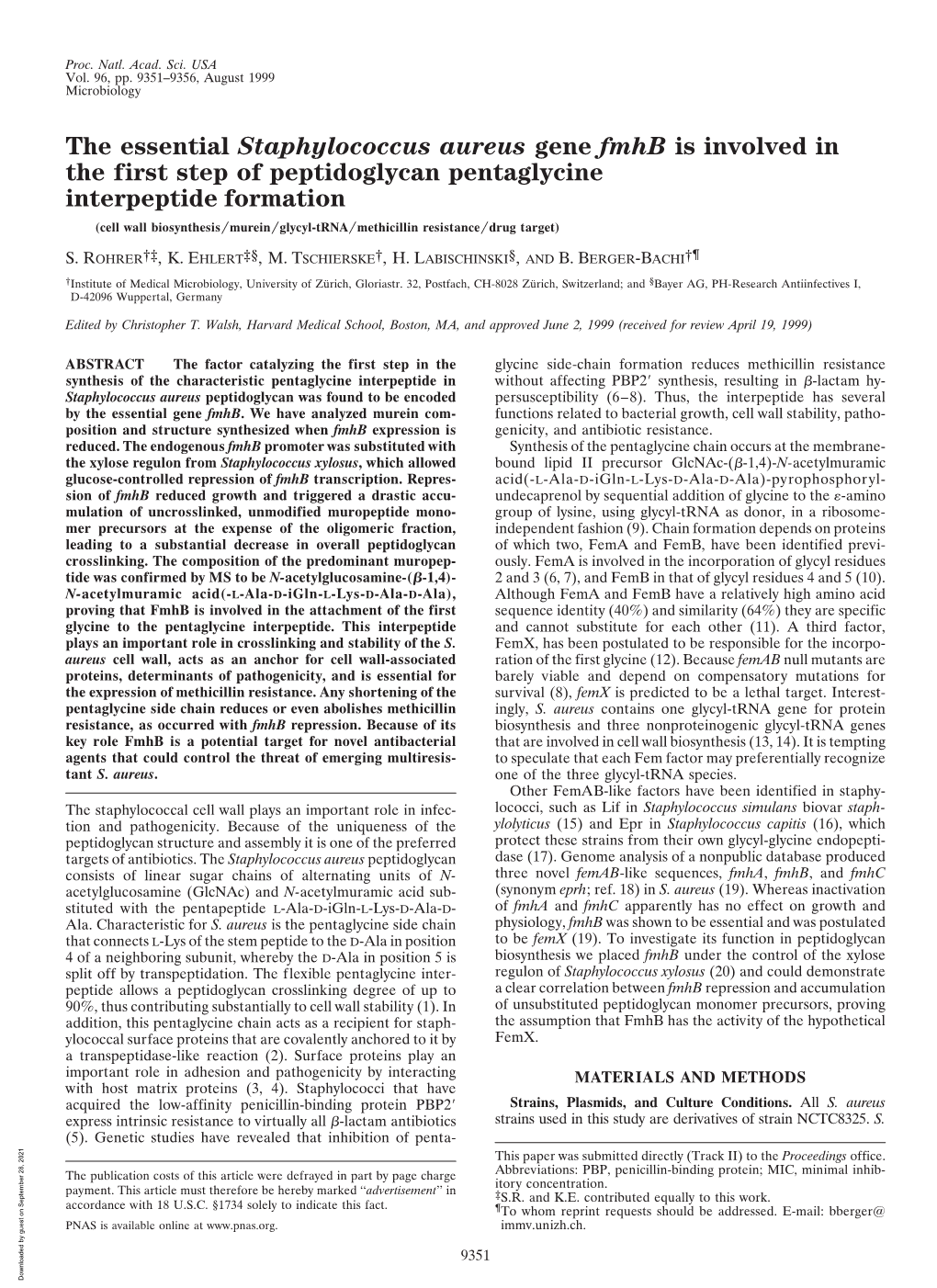 The Essential Staphylococcus Aureus Gene Fmhb Is Involved In