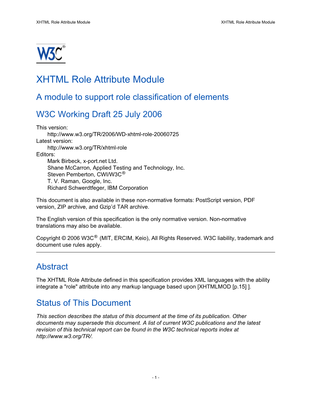 XHTML Role Attribute Module XHTML Role Attribute Module