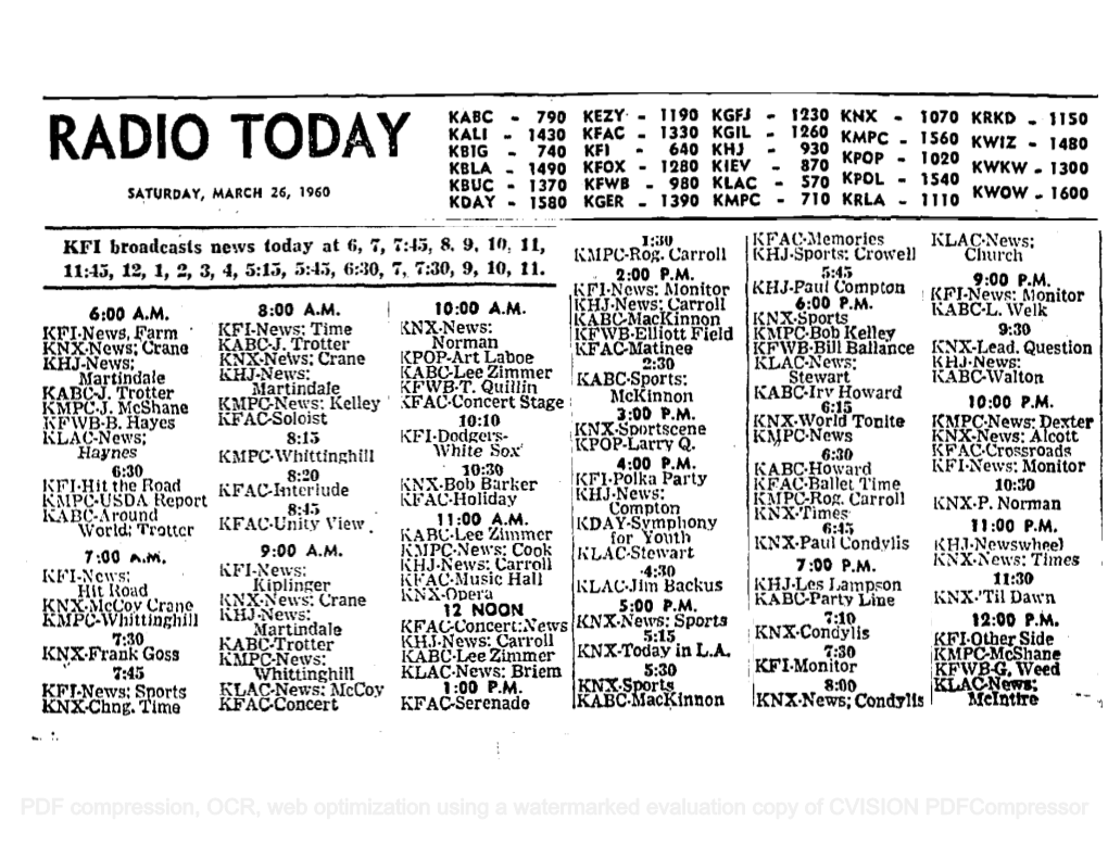 RADIO TODAY KOLA - 1490 KFOX - 1280 KIEV- 870 POP - 1020 Kwkw 1300 980 KLAC -705 KPOL - 1540 SATURDAY, MARCH 26, 1960 KBUC -1370 KFWB - 1110 KWOW