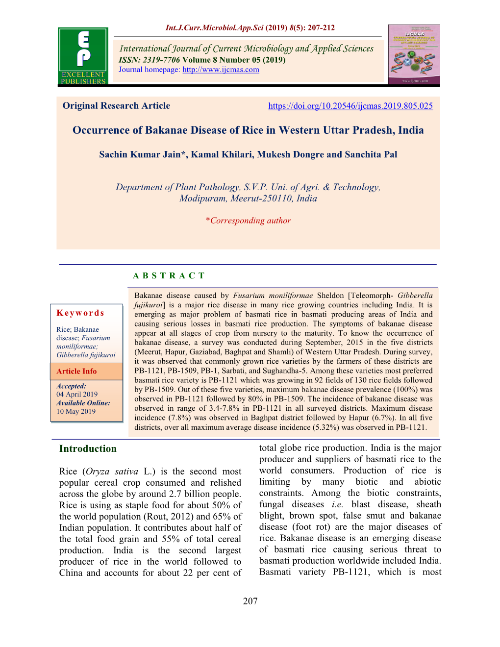 Occurrence of Bakanae Disease of Rice in Western Uttar Pradesh, India