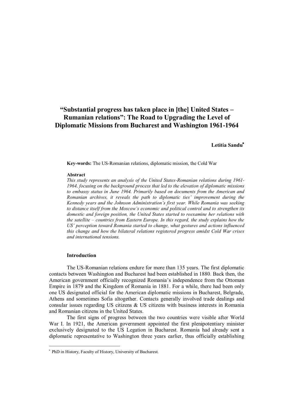 The Road to Upgrading the Level of Diplomatic Missions from Bucharest and Washington 1961-1964