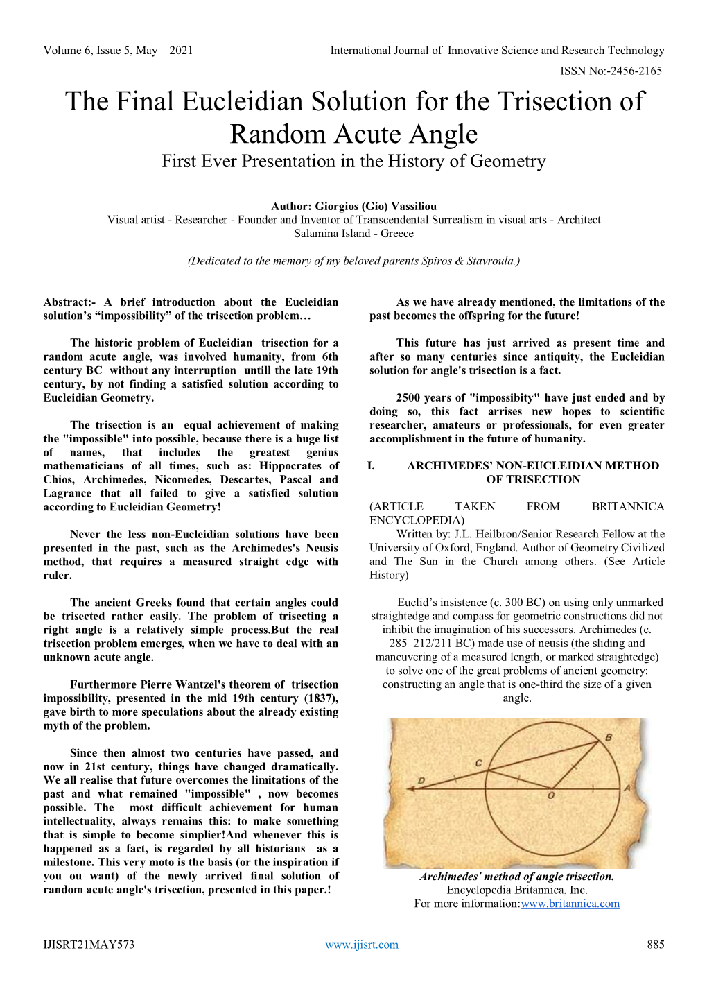 The Final Eucleidian Solution for the Trisection of Random Acute Angle First Ever Presentation in the History of Geometry