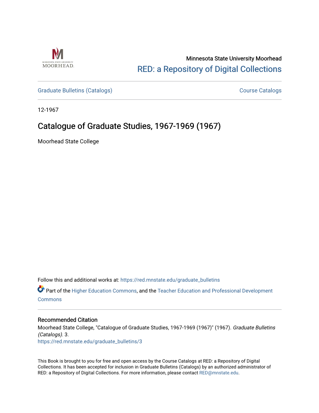 Catalogue of Graduate Studies, 1967-1969 (1967)