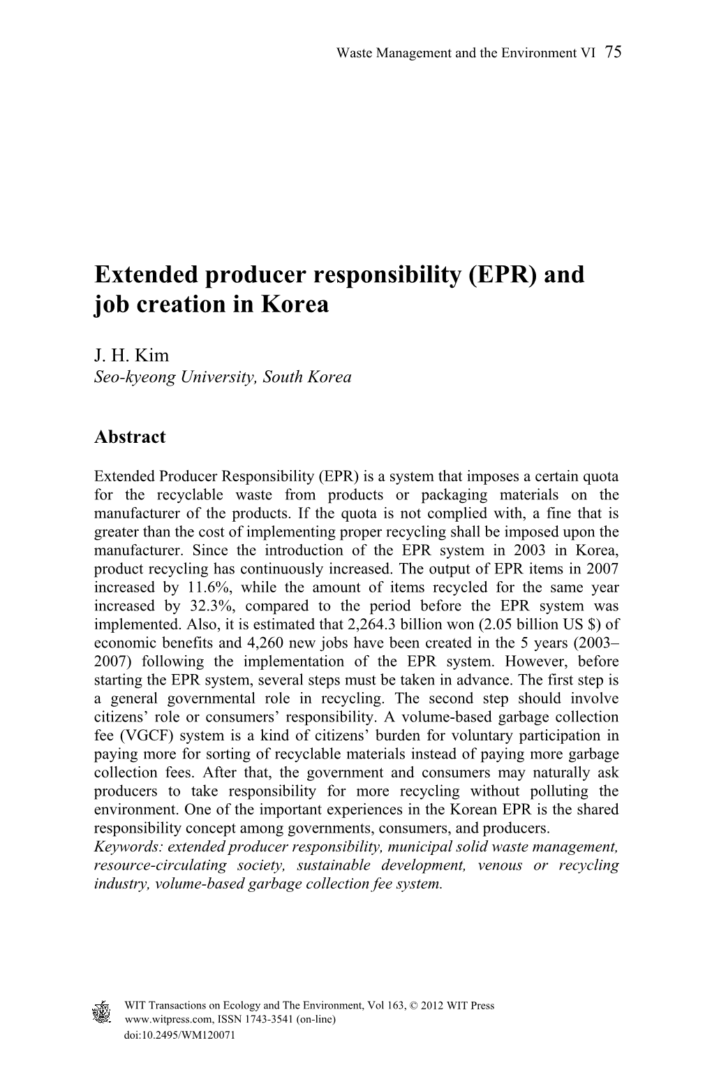 Extended Producer Responsibility (EPR) and Job Creation in Korea