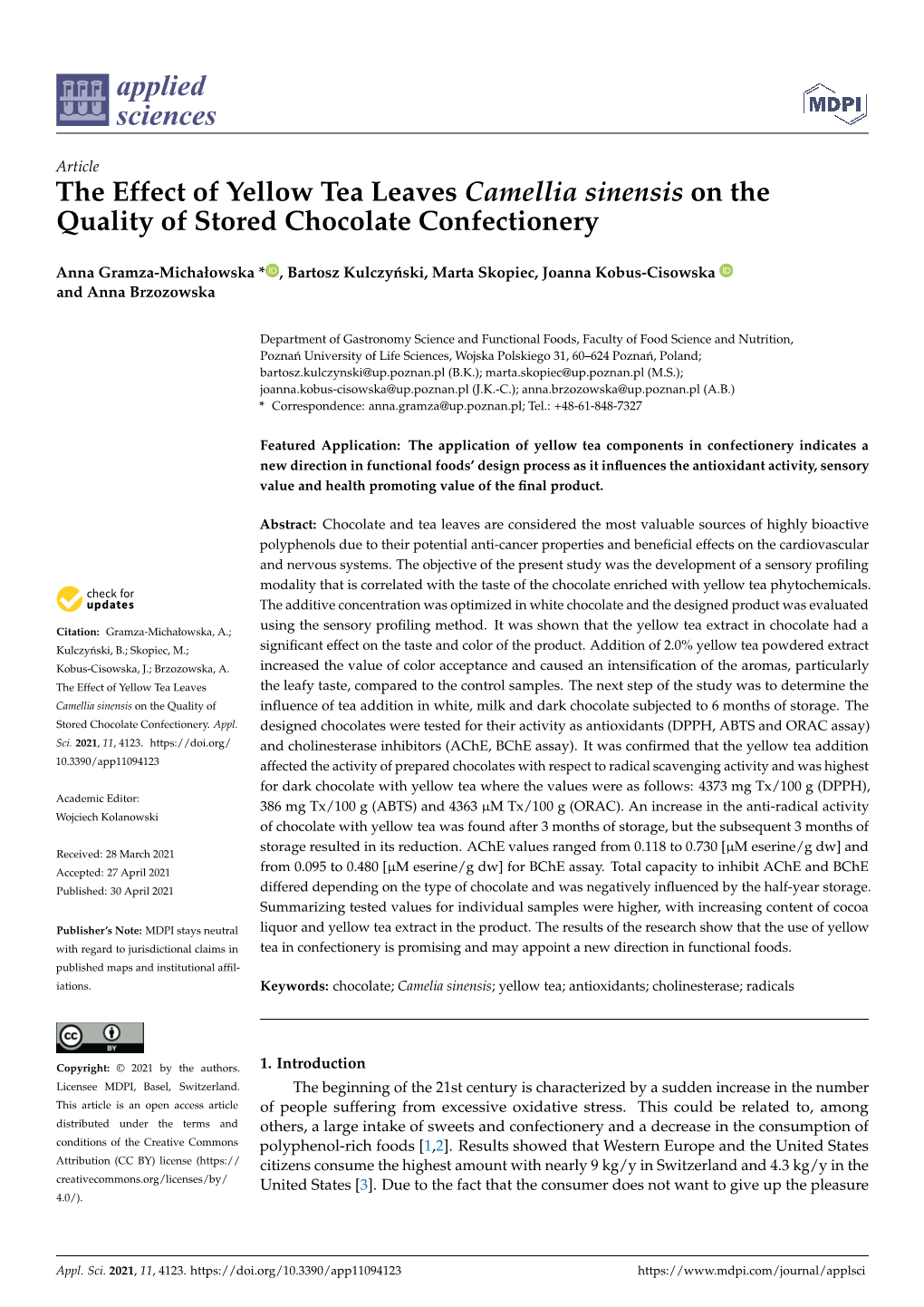 The Effect of Yellow Tea Leaves Camellia Sinensis on the Quality of Stored Chocolate Confectionery