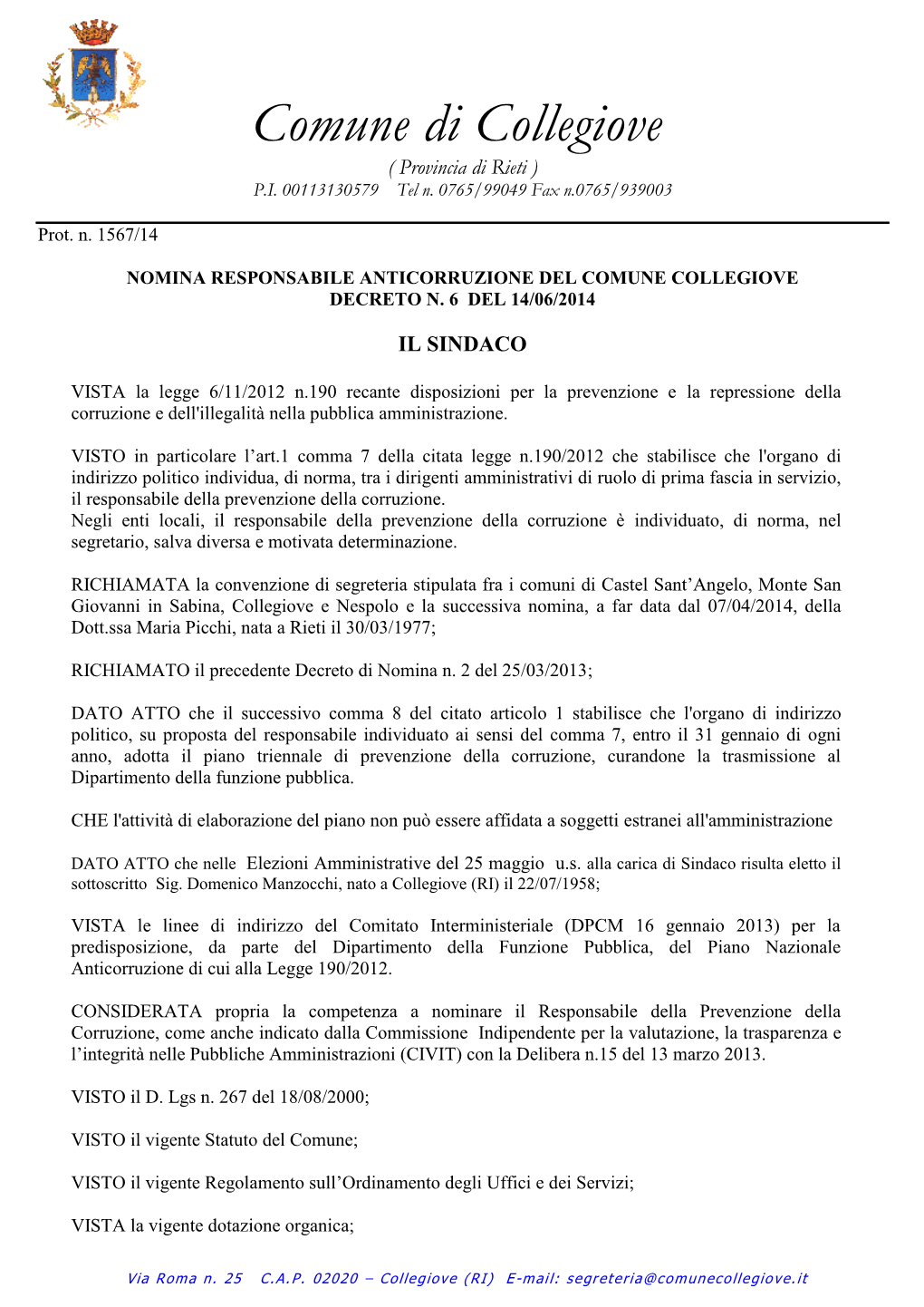 Comune Di Collegiove ( Provincia Di Rieti ) P.I