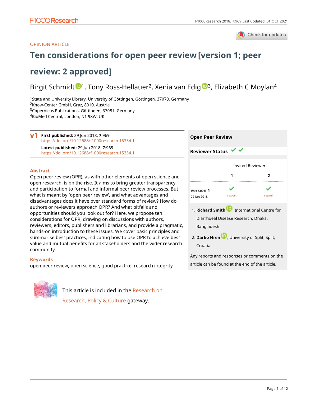 Ten Considerations for Open Peer Review[Version 1