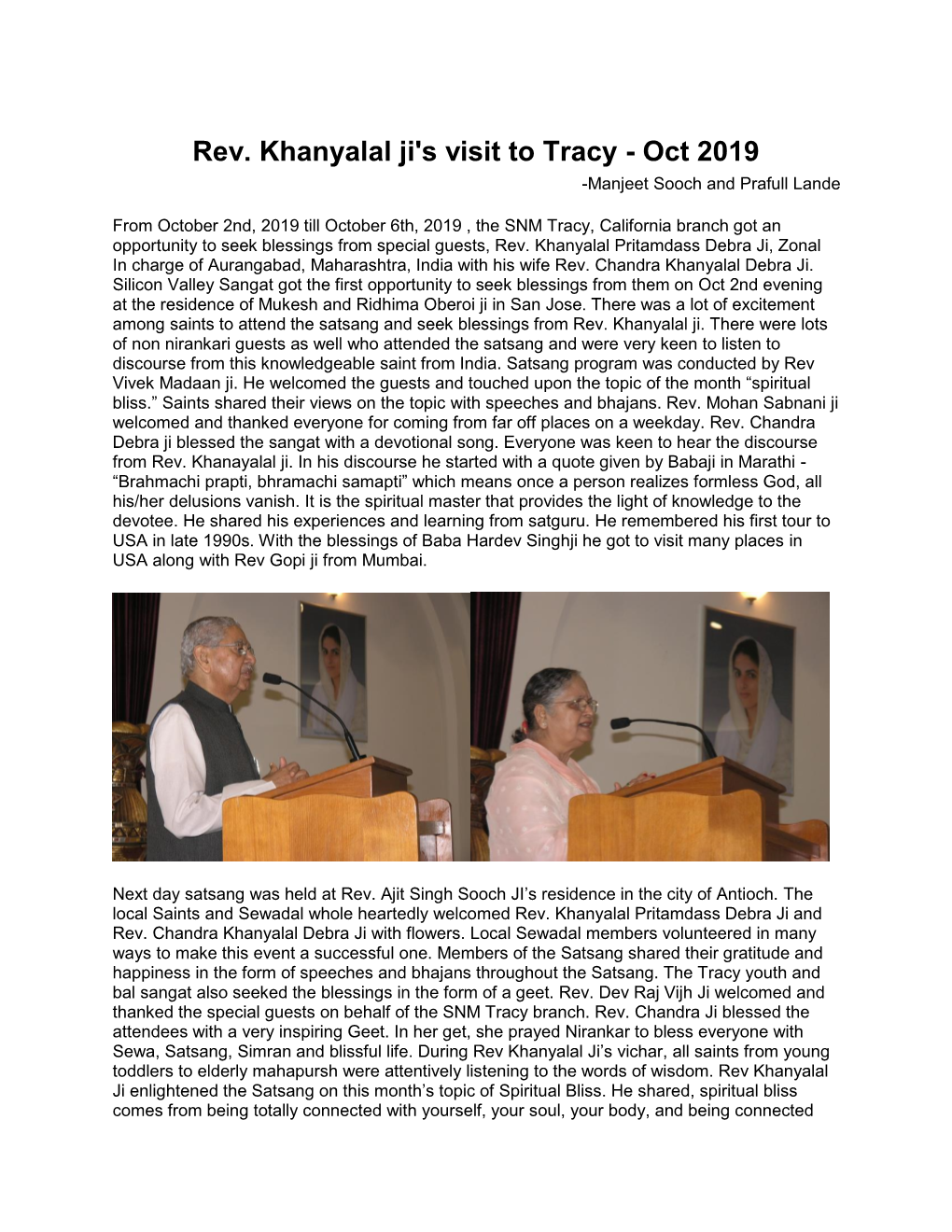 Rev. Khanyalal Ji's Visit to Tracy - Oct 2019 -Manjeet Sooch and Prafull Lande