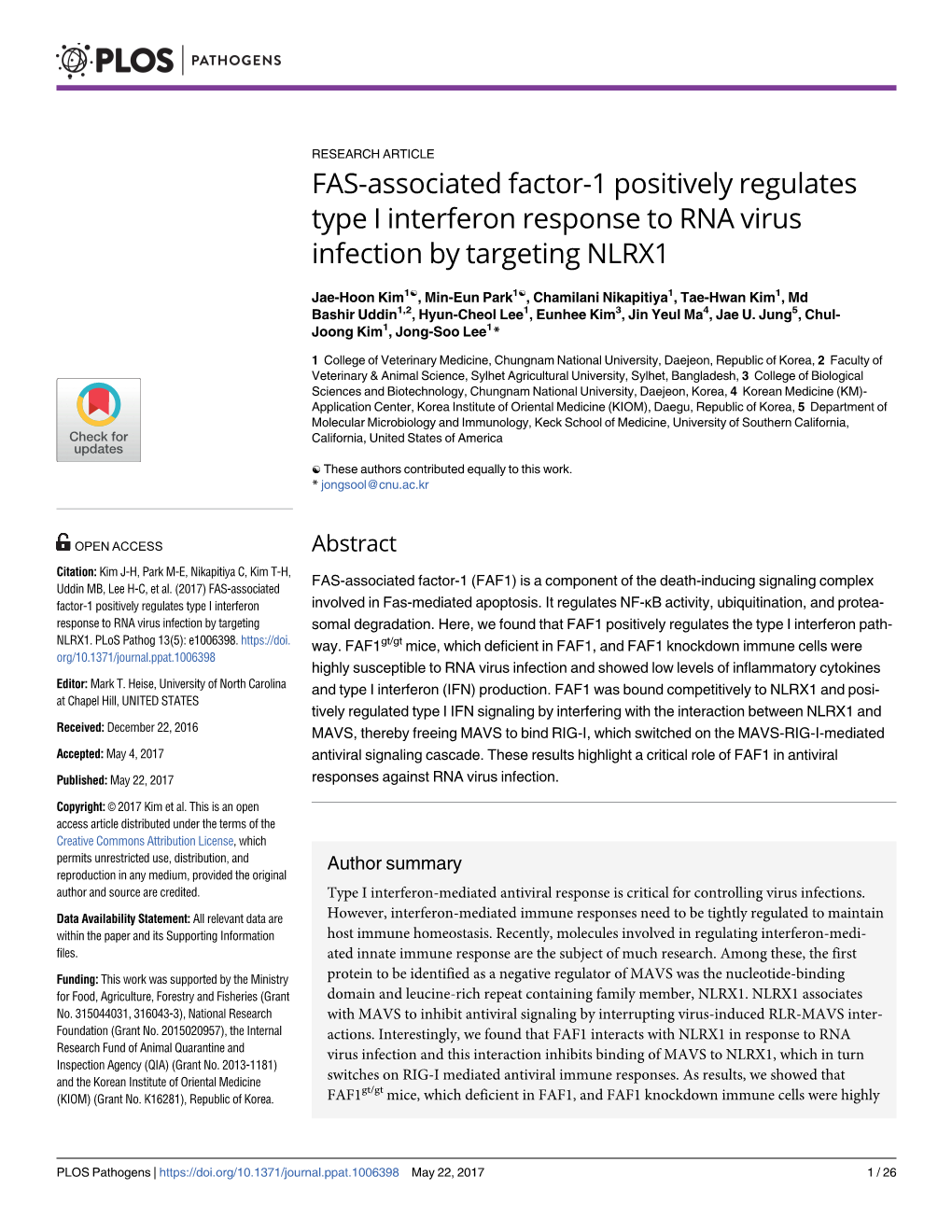 FAS-Associated Factor-1 Positively Regulates Type I Interferon Response to RNA Virus Infection by Targeting NLRX1