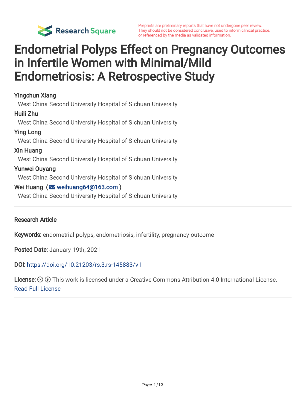 Endometrial Polyps Effect on Pregnancy Outcomes in Infertile Women with Minimal/Mild Endometriosis: a Retrospective Study