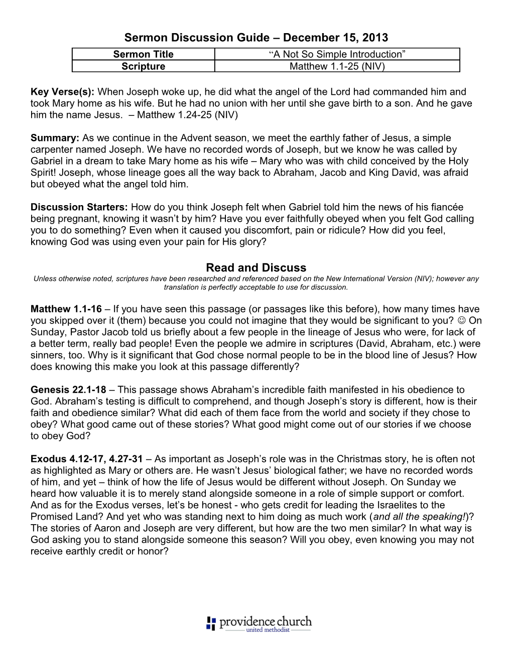 Sermon Discussion Guide December 15, 2013