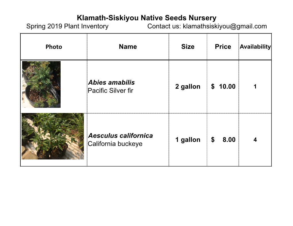 Klamath-Siskiyou Native Seeds Nursery Spring 2019 Plant Inventory Contact Us: Klamathsiskiyou@Gmail.Com