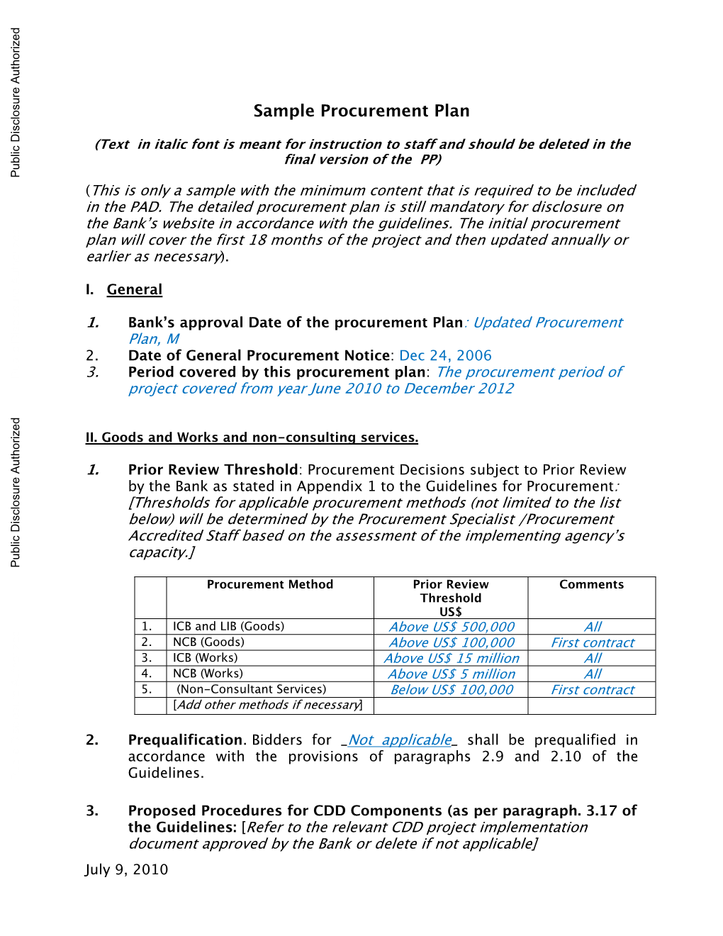 Sample Procurement Plan