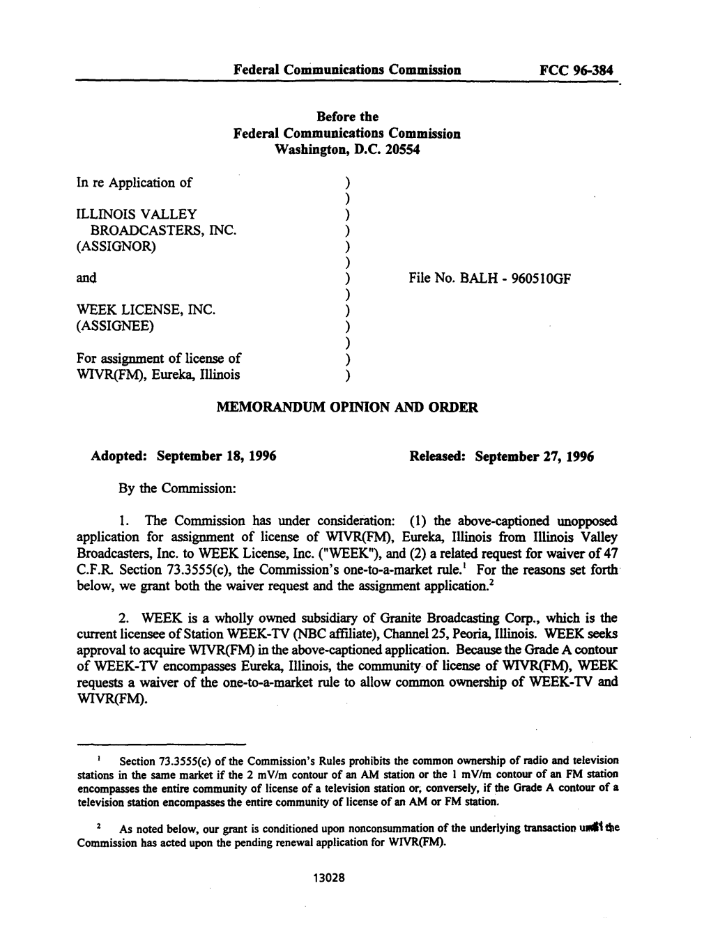 Federal Communications Commission FCC 96-384 Before the Federal