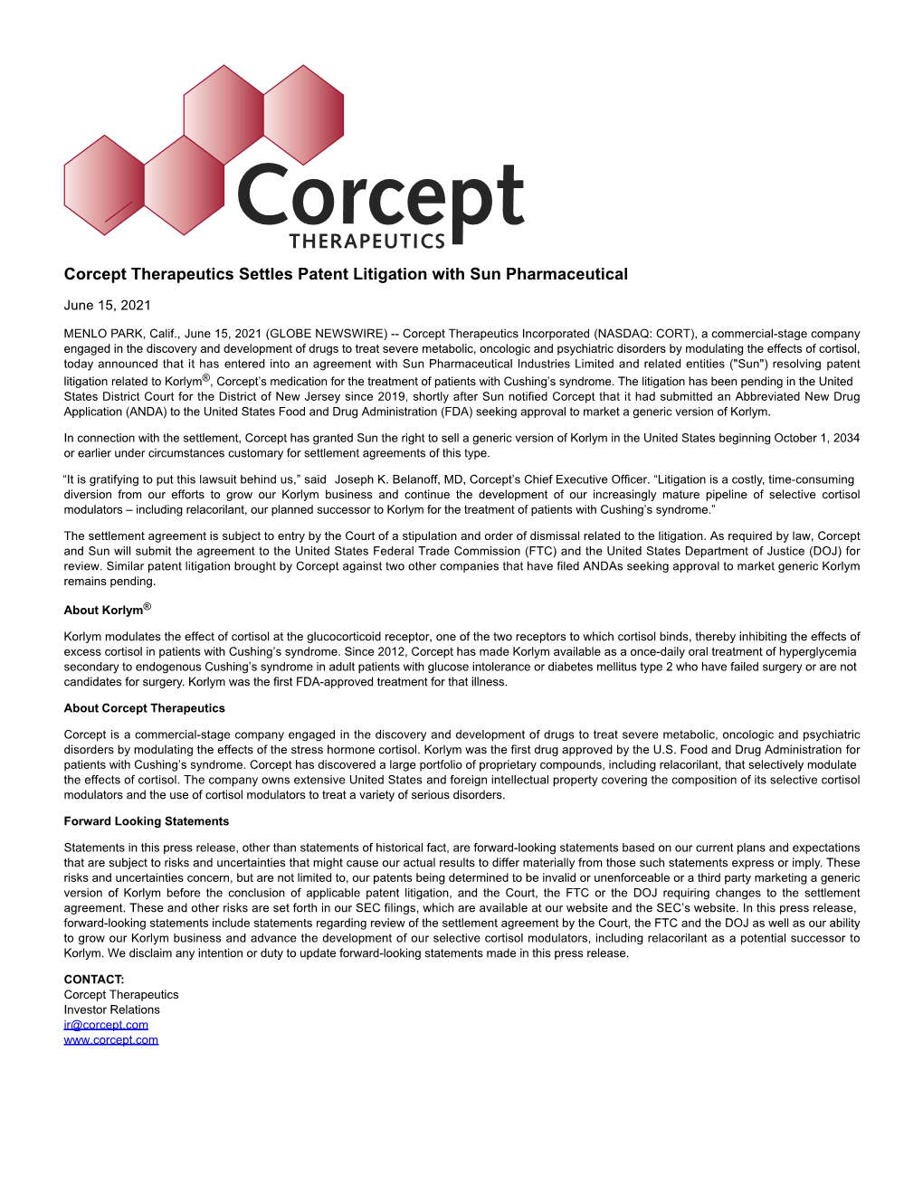 Corcept Therapeutics Settles Patent Litigation with Sun Pharmaceutical