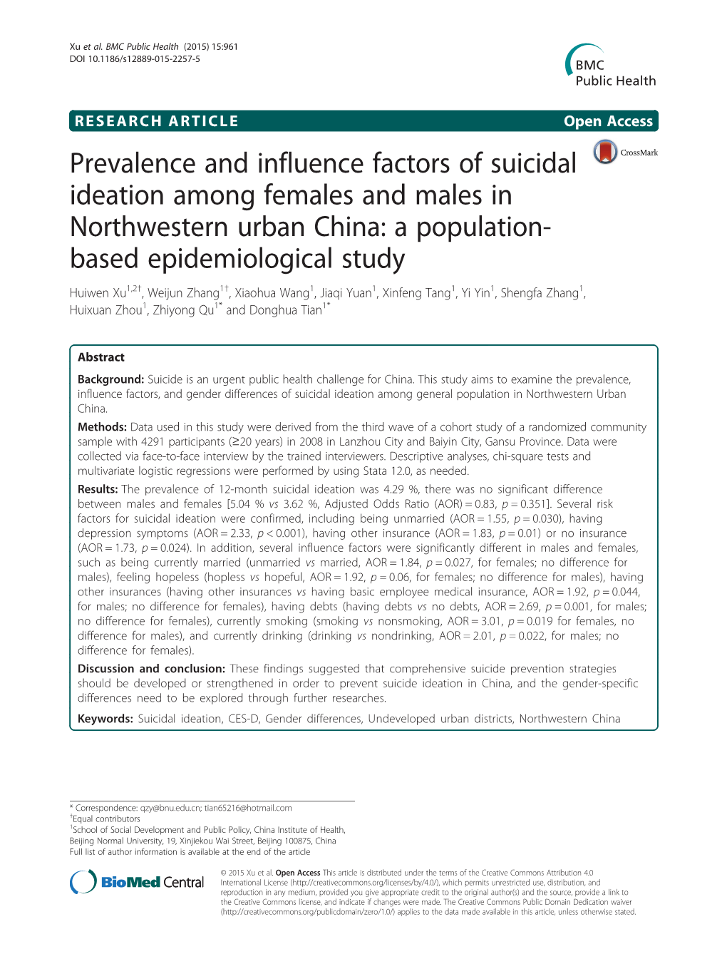 Prevalence and Influence Factors of Suicidal Ideation Among Females and Males in Northwestern Urban China
