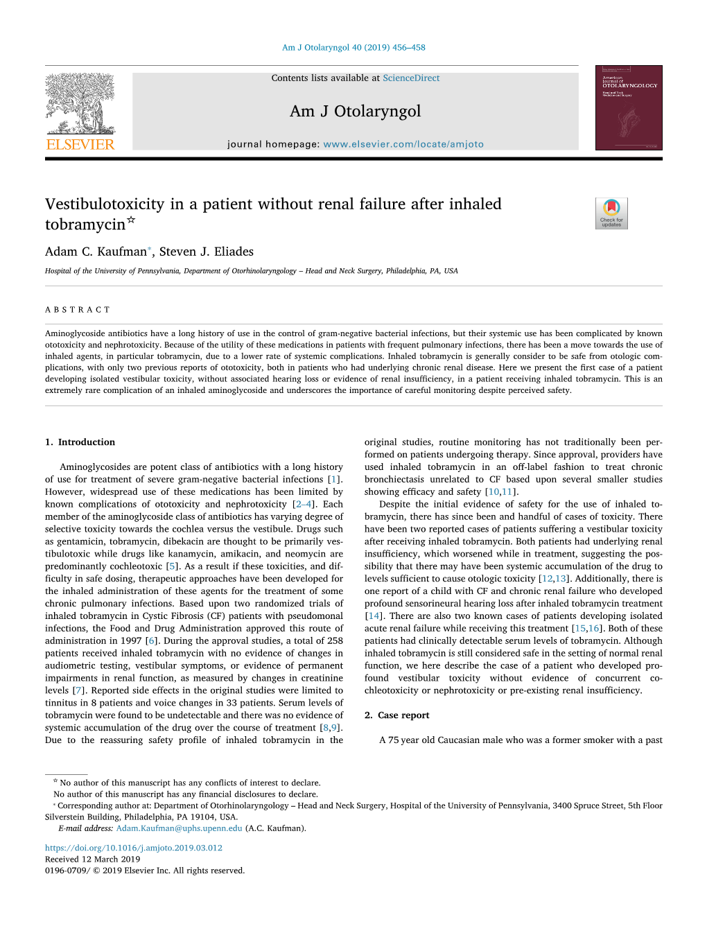 Vestibulotoxicity in a Patient Without Renal Failure After Inhaled Tobramycin