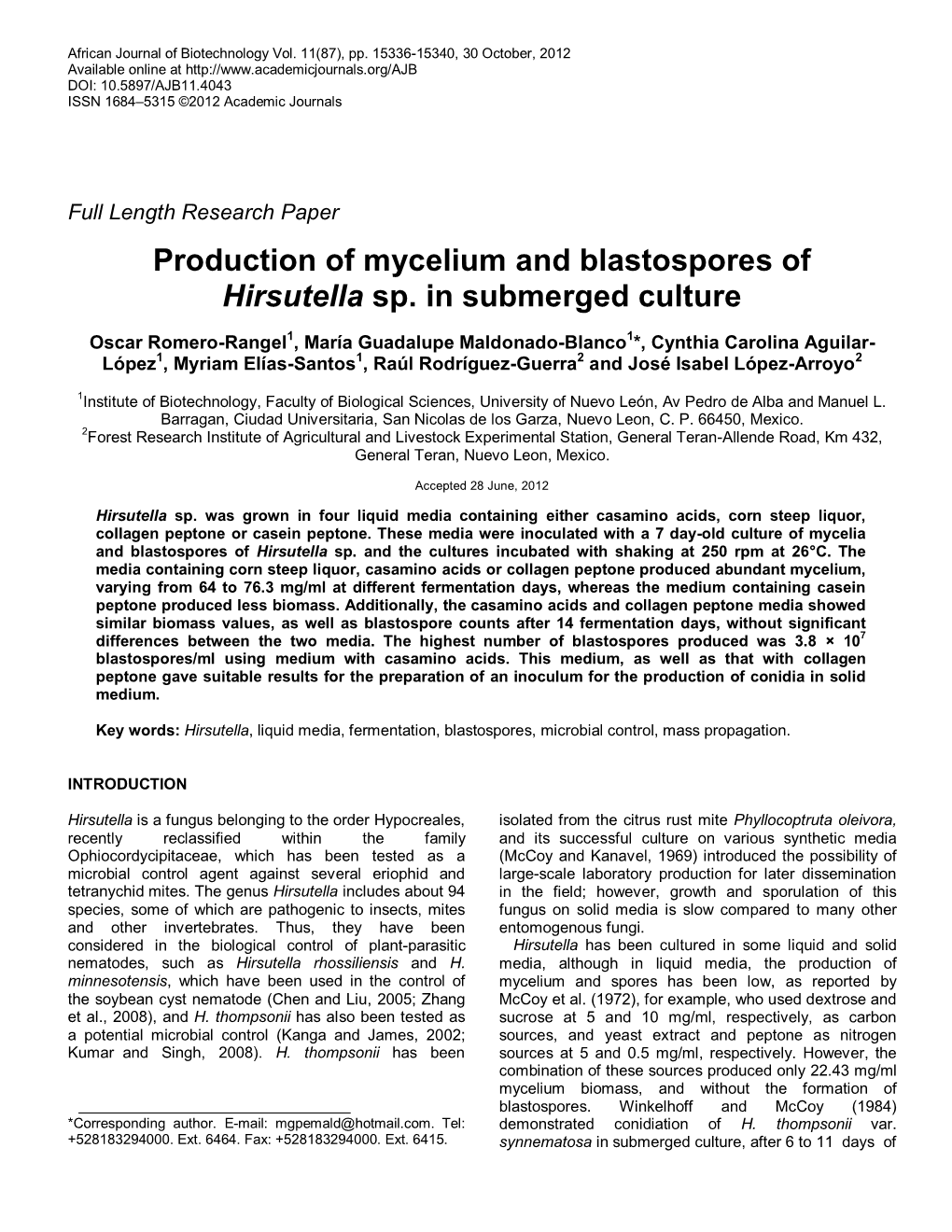Production of Mycelia and Blastospores of Hirsutella Sp In
