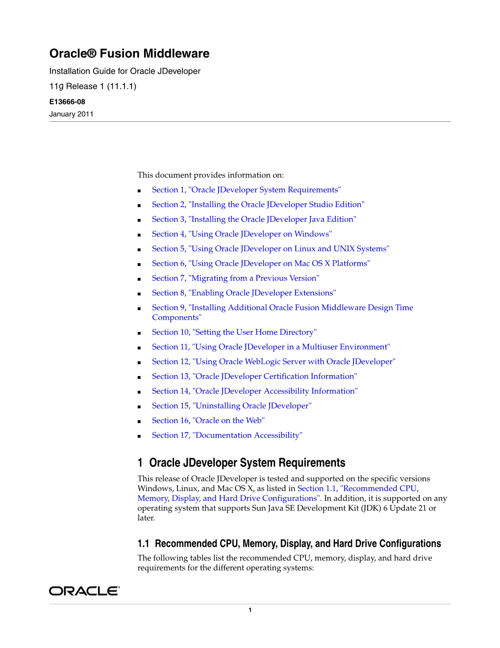 Oracle® Fusion Middleware 1 Oracle Jdeveloper System Requirements