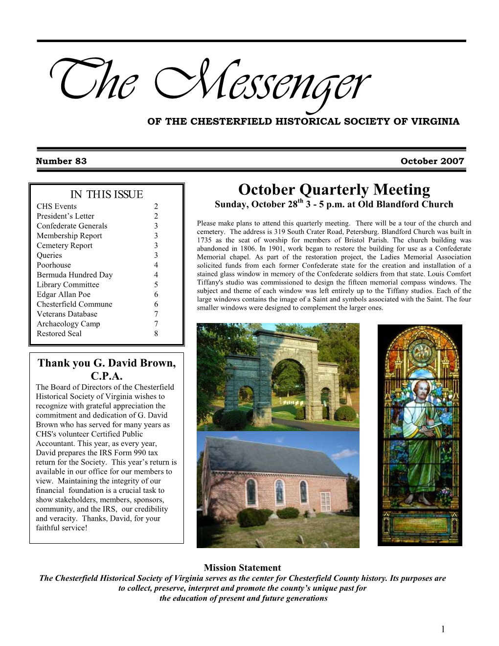 The Messenger of the CHESTERFIELD HISTORICAL SOCIETY of VIRGINIA