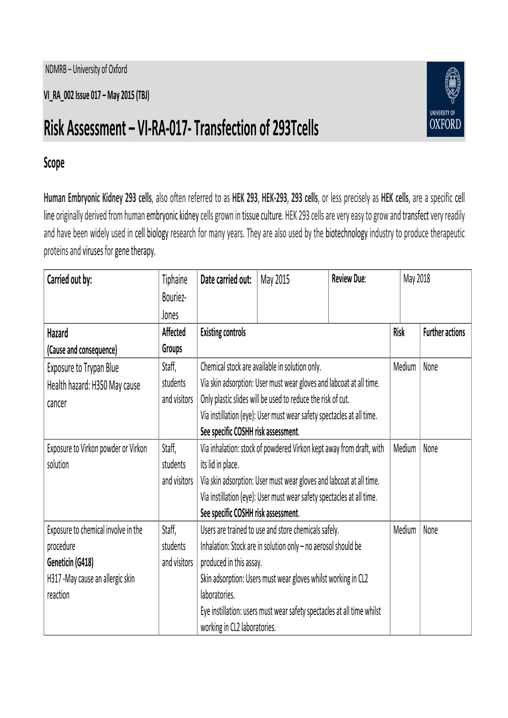 Risk Assessment – VI-RA-017- Transfection of 293Tcells Scope